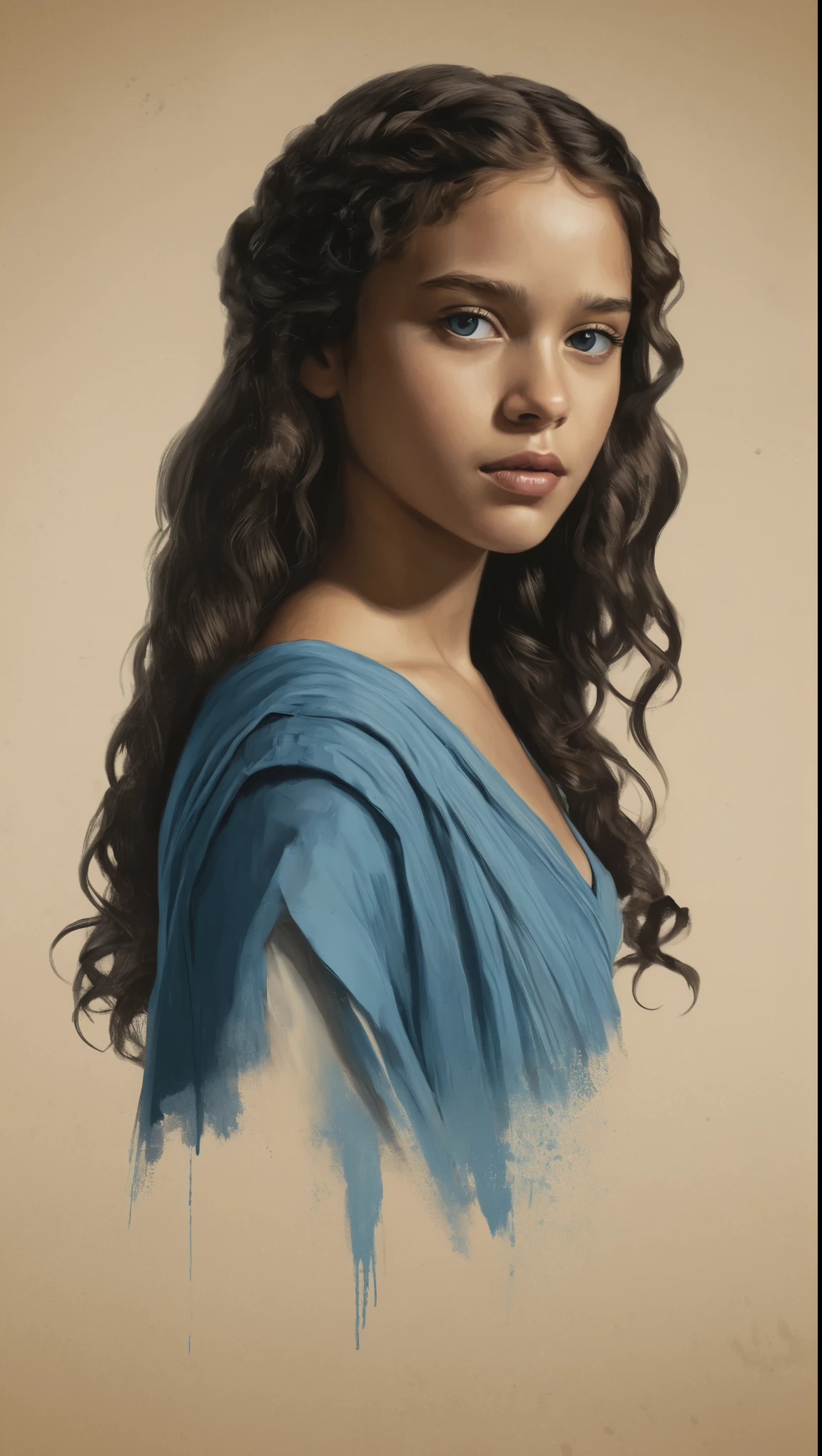 An illustrated movie poster, hand-drawn, full color, a young girl, wearing a chiton, resembles Mathilde Lando, warm brown complexion, azure blue eyes, dark hair, long loose curls, waist-length hair, posing on a pedestal, hard shadows, graphite shading, stencil marks, airbrushed acrylic paint, masterpiece, in the style of Game of Thrones