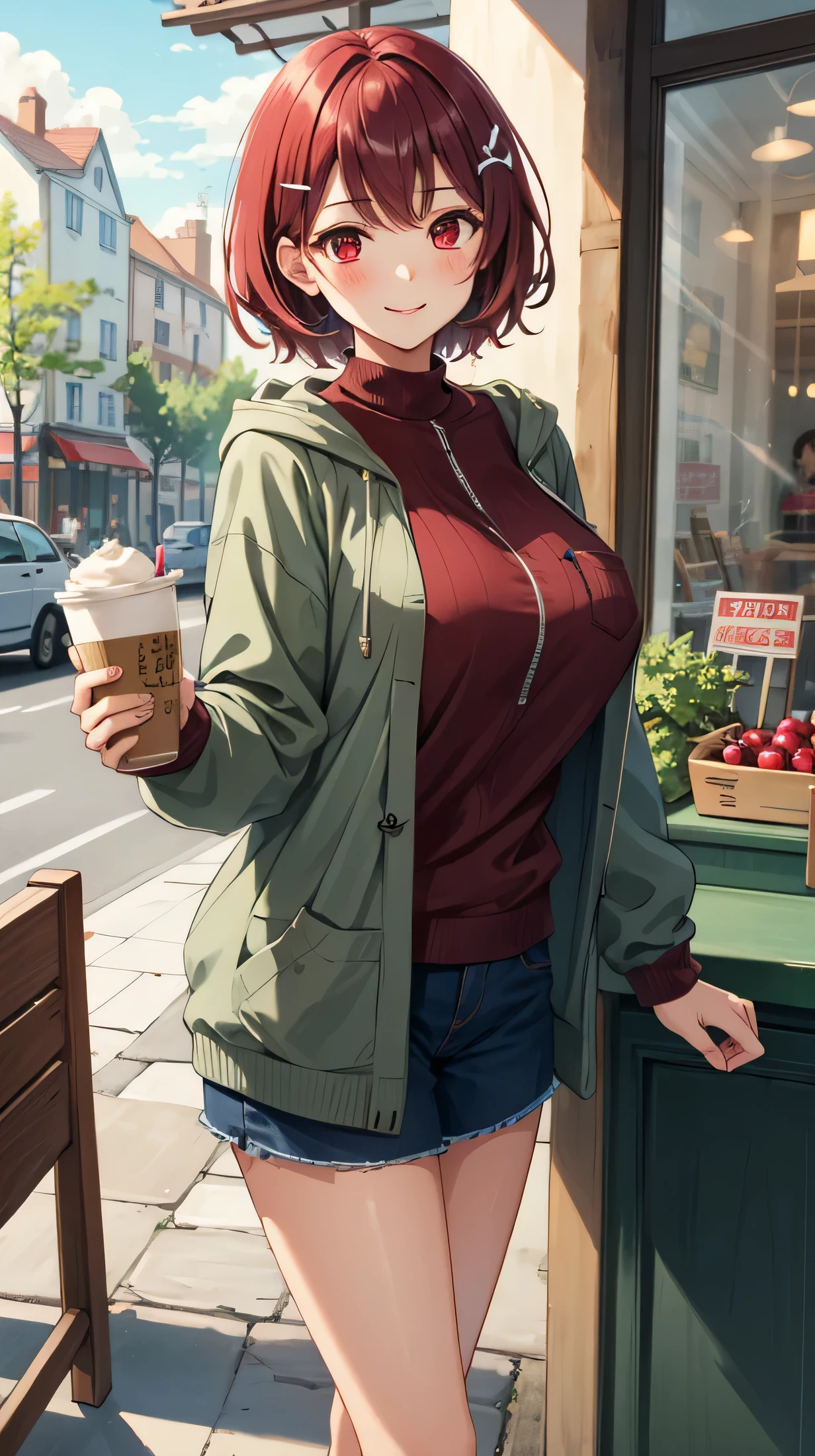 cute,cute,
1 girl, alone,
cranberry hair, pixie cut, bangs, hair ornaments,
red eyes,,
Close a view, from a pigeon,
Severe,
Oversized cardigan with patch pockets and hood,
big breasts,
BREAK The background is a cafe,Gemini,smile