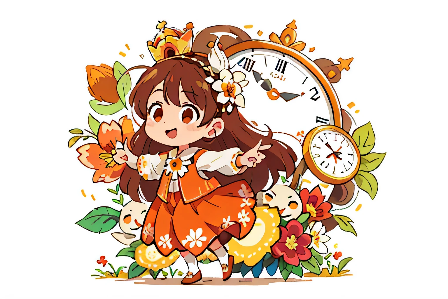 Girl with long brown hair,Wearing a white wedding suit,(with crown),oversized clock,Orange flowers,colorful,Dance(with love)happy(surrounded by love),O sign,vector,line art,design,inspiration,straight line,RHAD