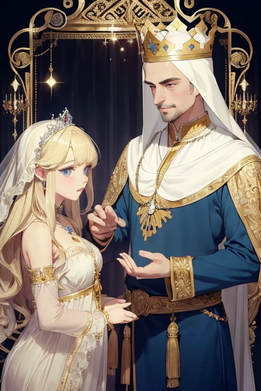((highest quality)), ((masterpiece)), (be familiar with), ((perfect face、princess、Enchanted body、princess、blonde、straight hair、blue eyes、crown、necklace、ring、bangles、Caster wheel、pregnancy、naked、Islamic Clothing))、((Oil King、marriage、Arab、Islam、middle-aged man))、marriage式、hug a man、National costume、deep kiss