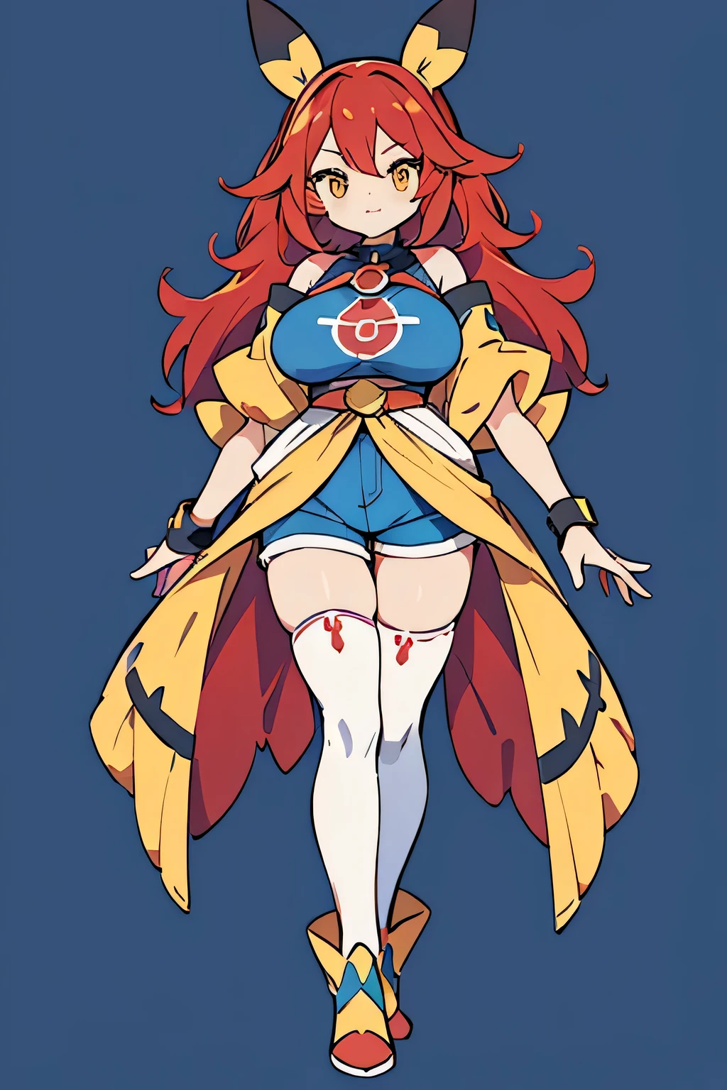 human ordile pokemon; big breasts;full body;Costumes inspired by Ordile Pokemon;yellow eyes;Red hair;blue clothes;female;Yankee;background white;No background;thighs;shorts;Thighhighs