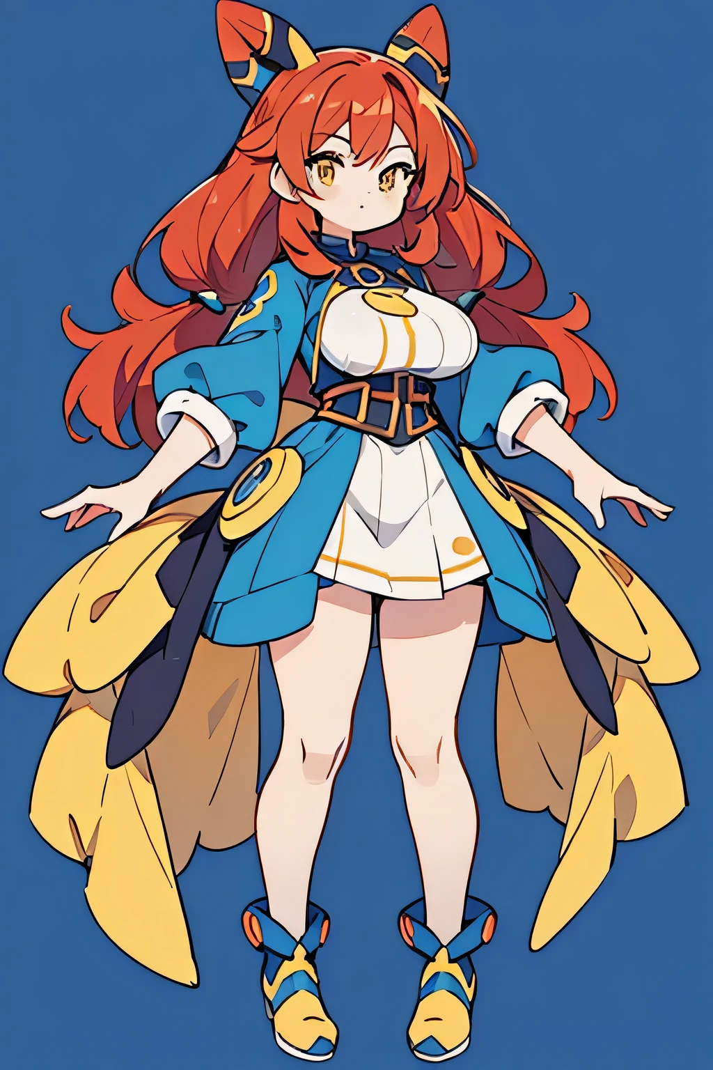 human ordile pokemon; big breasts;full body;Costumes inspired by Ordile Pokemon;yellow eyes;Red hair;blue clothes;female;Yankee;background white;No background;thighs