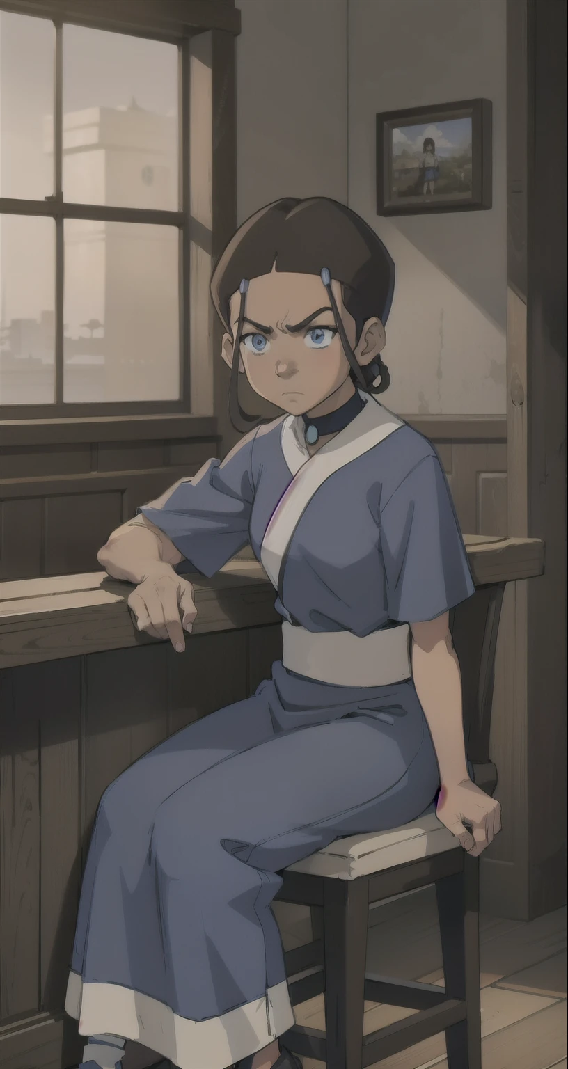 { masterpiece : best quality : high resolution : unity 8k wallpaper : illustration } { Background = inside an old dark bar } { Katara : tanned skin : perfect slender body : con : sitting on stool : angry : arm cross : blue clothes }