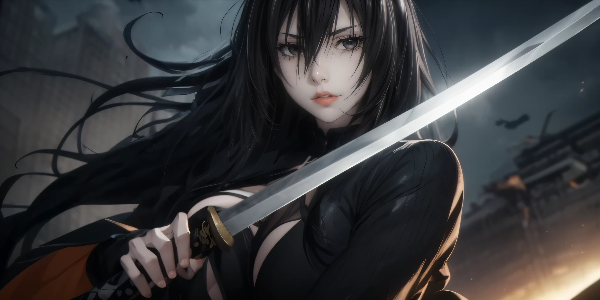 KirukiruAmou, long hair, black hair, black eyes, curvy, anatomically correct, heavy breathing, huge breasts, sweating, glowing eyes, heavy breathing, female focus, sword, holding, solo, wide_sleeves, 1girl, black_hair, holding_sword, bare_shoulders, detached_sleeves, looking_at_viewer, long_sleeves, standing, breasts, floating_hair, sunset, katana, cowboy_shot, cloud, midriff, medium_breasts, looking_back, back, "glow effects, godrays, Hand drawn, render, 8k, octane render, cinema 4d, blender, dark, atmospheric 4k ultra detailed, cinematic, Sharp focus, big depth of field, Masterpiece, colors, 3d octane render, 4k, concept art, trending on artstation, hyperrealistic, Vivid colors, extremely detailed CG unity 8k wallpaper, trending on CGSociety, Intricate, High Detail, dramatic", anime coloring, anime screencap, sweating, steaming body, fog, (shaded face:1.2), hollow eyes, black eyes, looking at viewer, (heavy breathing:1.2), expressionless, lips,