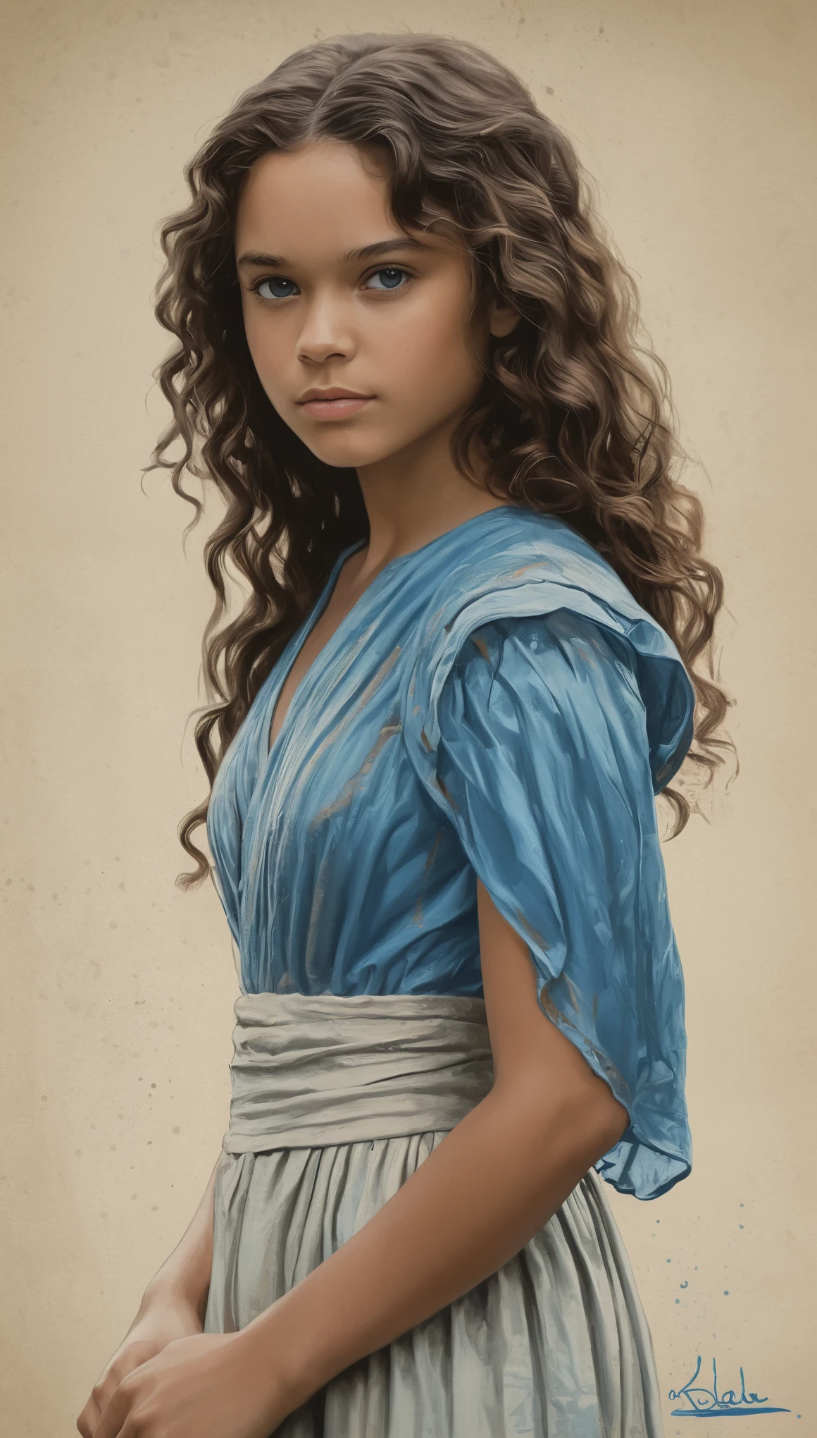 An illustrated movie poster, hand-drawn, full color, a young girl, wearing a chiton, resembles Mathilde Lando, warm brown complexion, azure blue eyes, dark hair, long loose curls, waist-length hair, posing on a pedestal, hard shadows, graphite shading, stencil marks, airbrushed acrylic paint, masterpiece, in the style of Game of Thrones