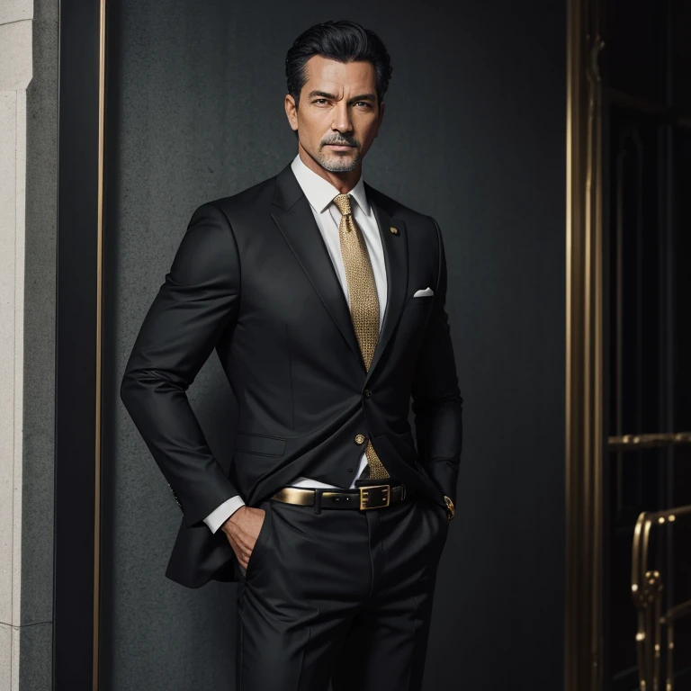Man in his 40s elegant black and white mayor suit black pants belt with gold buckle slim build muscular background of New Orleans looking straight at viewer 