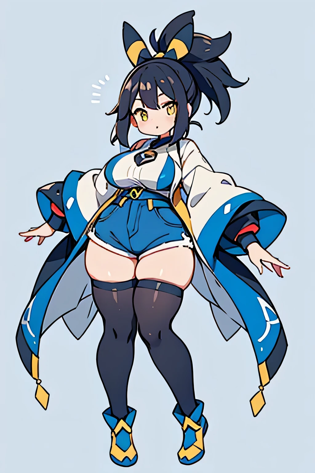 Human Swampert Pokemon; big breasts;full body;Costumes inspired by Lagrazi Pokemon;yellow eyes;black hair;blue clothes;female;Yankee;background white;No background;thick thighs;Thighhighs;shorts