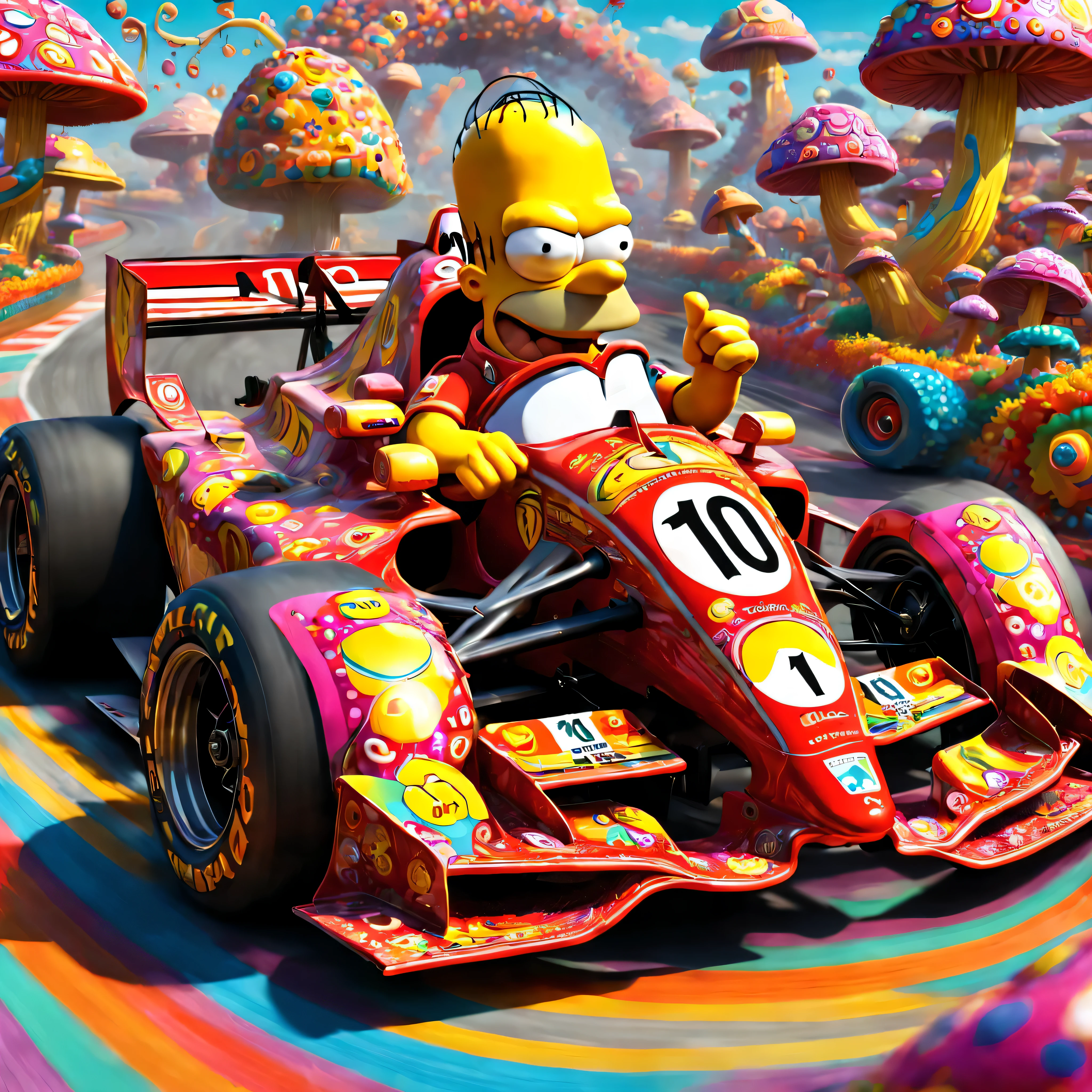 Homer Simpson sitting in a Ferrari F1 race car made out of psychedelic mushrooms driving forwards with the number 10 big on the side of the race car. meahophontron of colorful made of ral-frctlgmtry