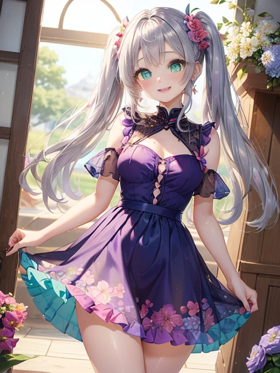 小さなgirl、thick thighs、The arrival of spring、big ass、 (alone:1.5,)Super detailed,bright colors, very beautiful detailed anime face and eyes, look straight, shiny_skin,girl, ((long silver hair,The inner color is red 、forehead is exposed.、green eyes、、shiny hair, delicate beautiful face, blush、(turquoise eyes), White skin, Valletta, earrings,、blue flower field、(((Floral pink ruffle dress、See-through、purple mini skirt)))、twin tails、smile、smile、Face dyed red