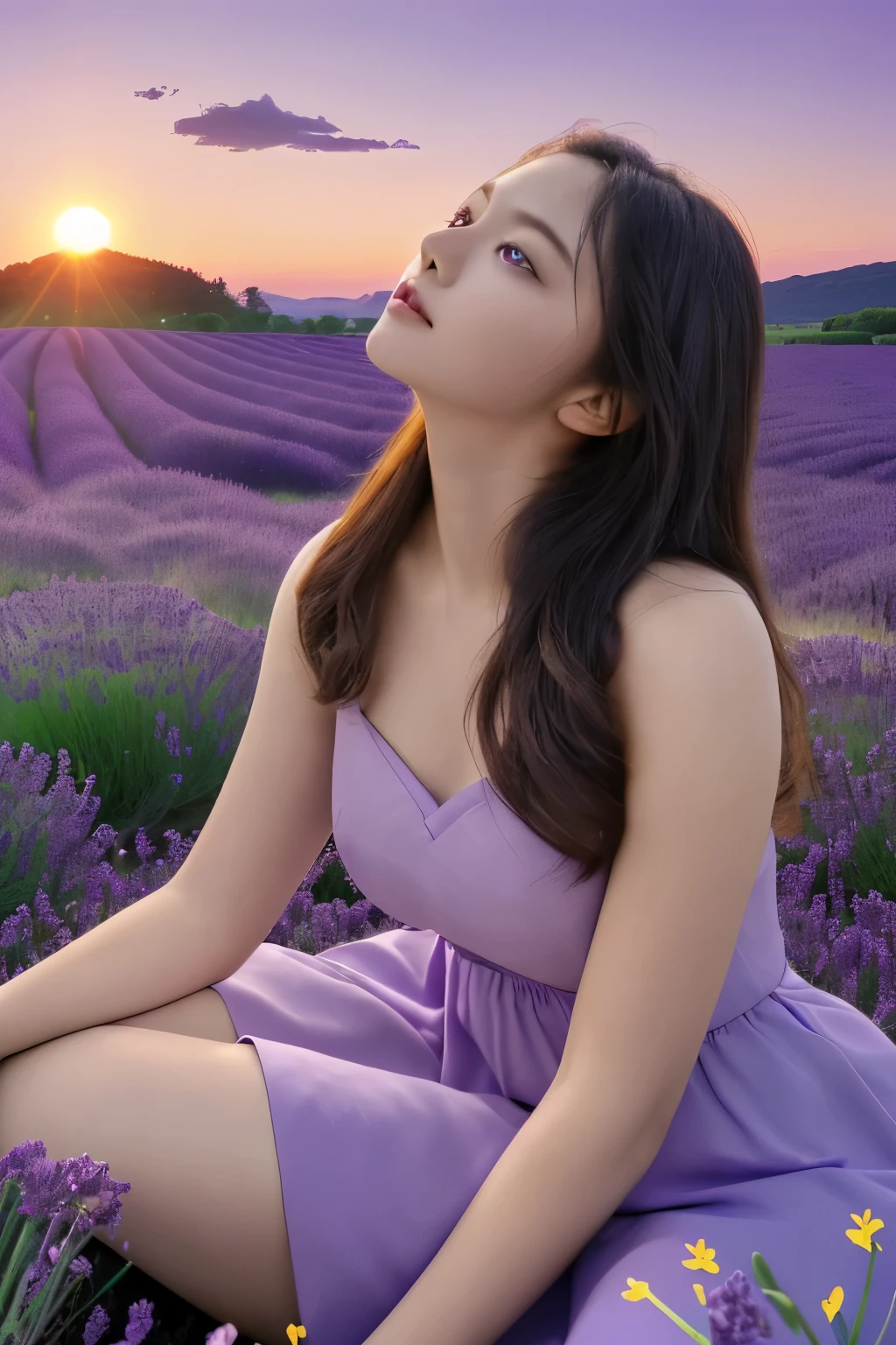 ((masterpiece, best quality, Highest image quality, High resolution, lifelike, original photo, 8K)), A field of purple flowers,Background with sunset, really beautiful nature, purple sunshine, Lavender fields in bloom, beautiful nature, Violet sky, purple beautiful sky, Purple Sunset, purple and sunset, incredibly beautiful, In a lavender field in France, at Purple Sunset, beautiful place, 幻想flower field, Purple Sun, flower field, A girl sits in it,Look up at the sunset in the sky