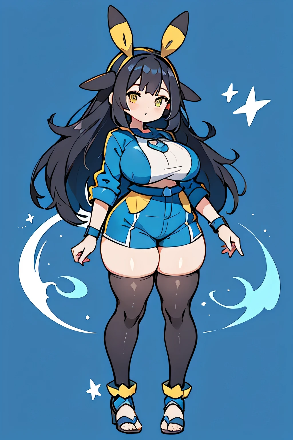 Human Swampert Pokemon; big breasts;full body;Costumes inspired by Lagrazi Pokemon;yellow eyes;black hair;blue clothes;female;Yankee;background white;No background;thick thighs