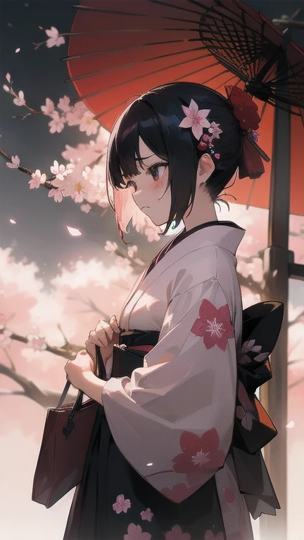 sad、feeling of hopelessness、get annoyed、desire、hatred、tote bag、Japanese clothing、woman、night、Floral、Colorful,cherry blossoms