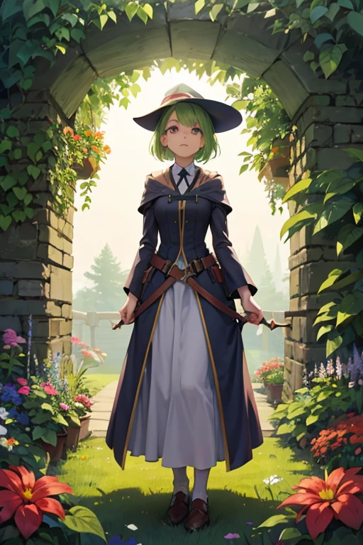 a light green haired female witch with pink eyes with an hourglass figure wearing a Victorian dress is planting magical plants in a magical garden
