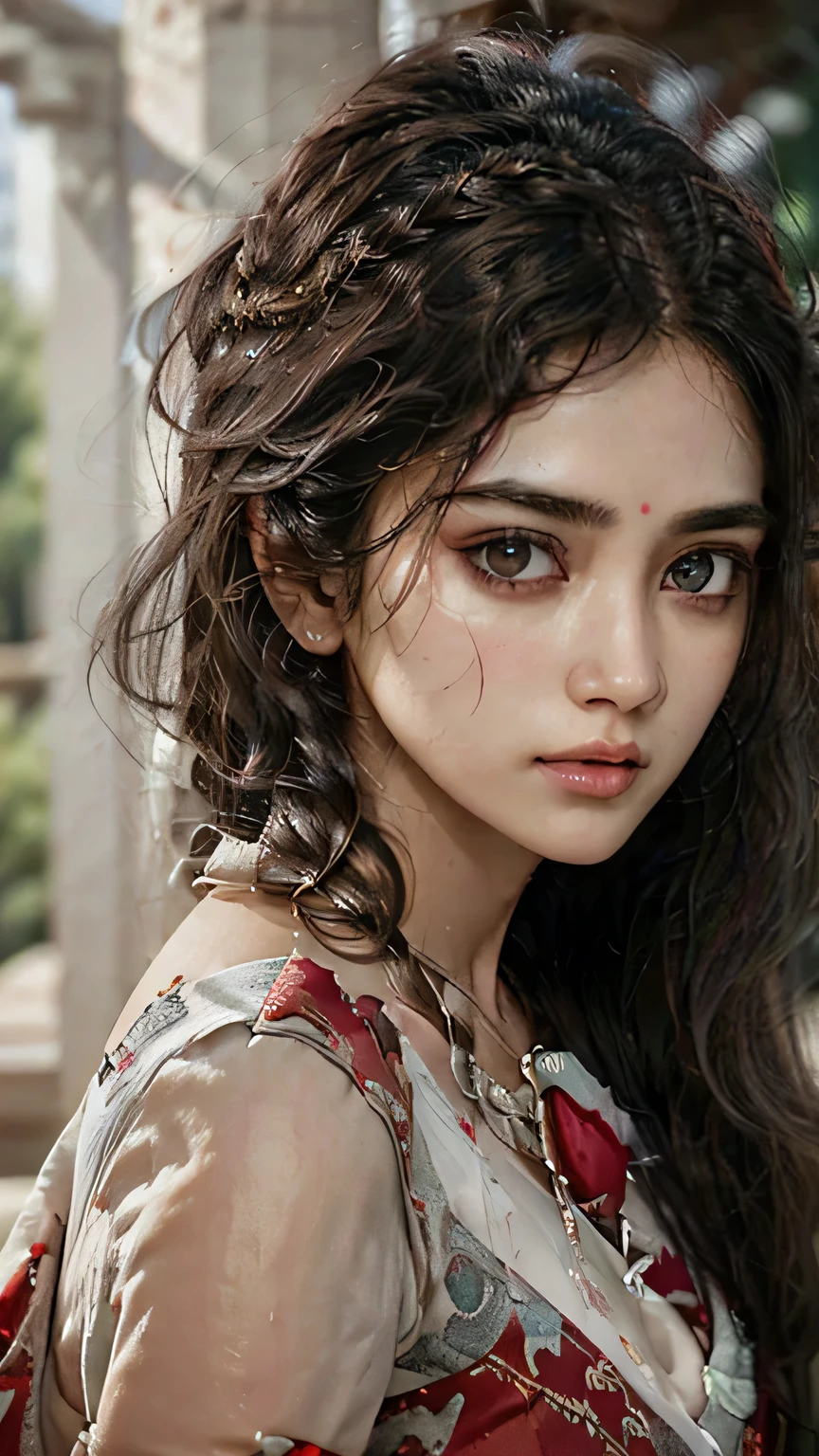 A woman wearing a beautiful sarees,Silver hair, curly hair, bangs, hair over shoulder, very long hair, hairpin, jewelry, forehead mark, forehead jewel, red eyes, wide-eyed, devil pupils, pout, angry, Surrealism, Sony FE GM, blurry, 8k, super detail, masterpiece, ccurate, anatomically correct, textured skin, super detail, high details, high quality, award winning, best quality, highres, 8k, HD, retina, UHD