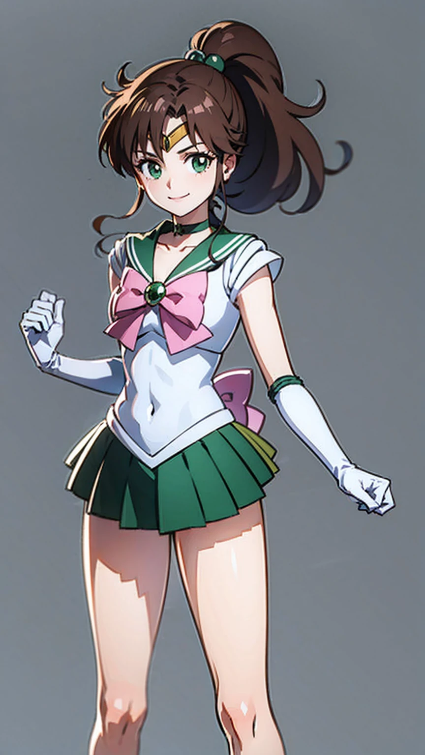 best quality, masterpiece, sailor_jupiter, brown ponytail, green eyes, bow, elbow gloves, choker, circlet, green skirt, looking at viewer, smiling, medium shot, (microminiskirt)
standing, extreme detail, hdr, beautiful quality, (simple_background:1.4) BREAK
bow, pink, BREAK
gloves, white BREAK