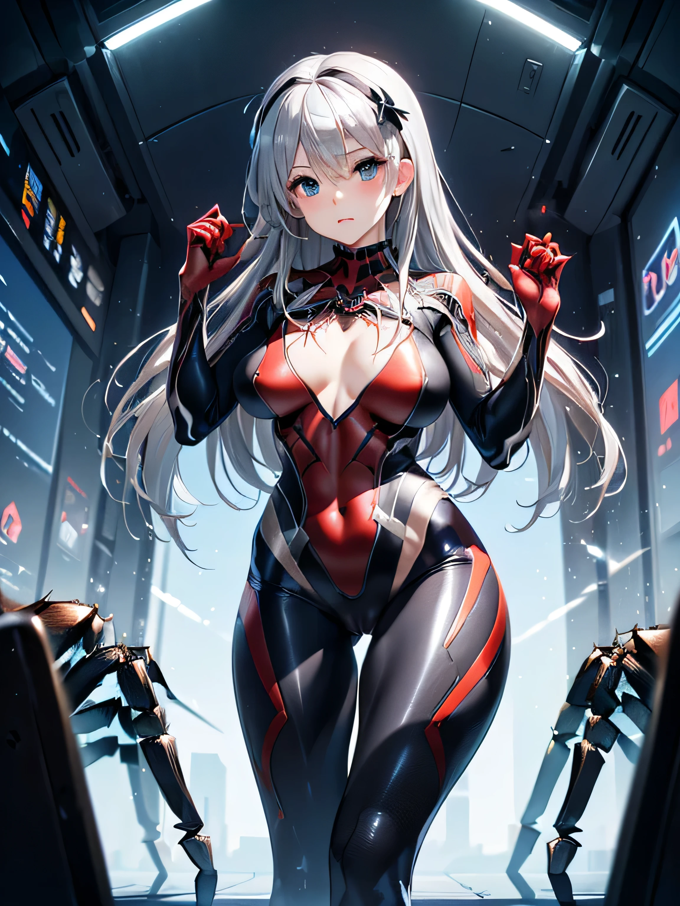 (photorealistic:1.8, highest quality:1.8,8K masterpiece:1.8,High resolution,muste piece:1.8,RAW Photos,cinematic lighting)、skyscraper、highway、night、
cyber punk、spider girl、Rei Ayanami、(High leg spider tight suit:1.7)、((Moderate chest:1.3)、Arachne tattoo on chest、Arachne:1.2) (look back、squat、raise your hand:1.2)、spiderweb、The white body contains Arachne threads.、（elation：1.4）、(Beautiful, shining blue, white, red, black and silver hair:1.5)、
plump nipples、Nipples are visible through the costume、(cameltoe),No split screen,slender abs:1.2