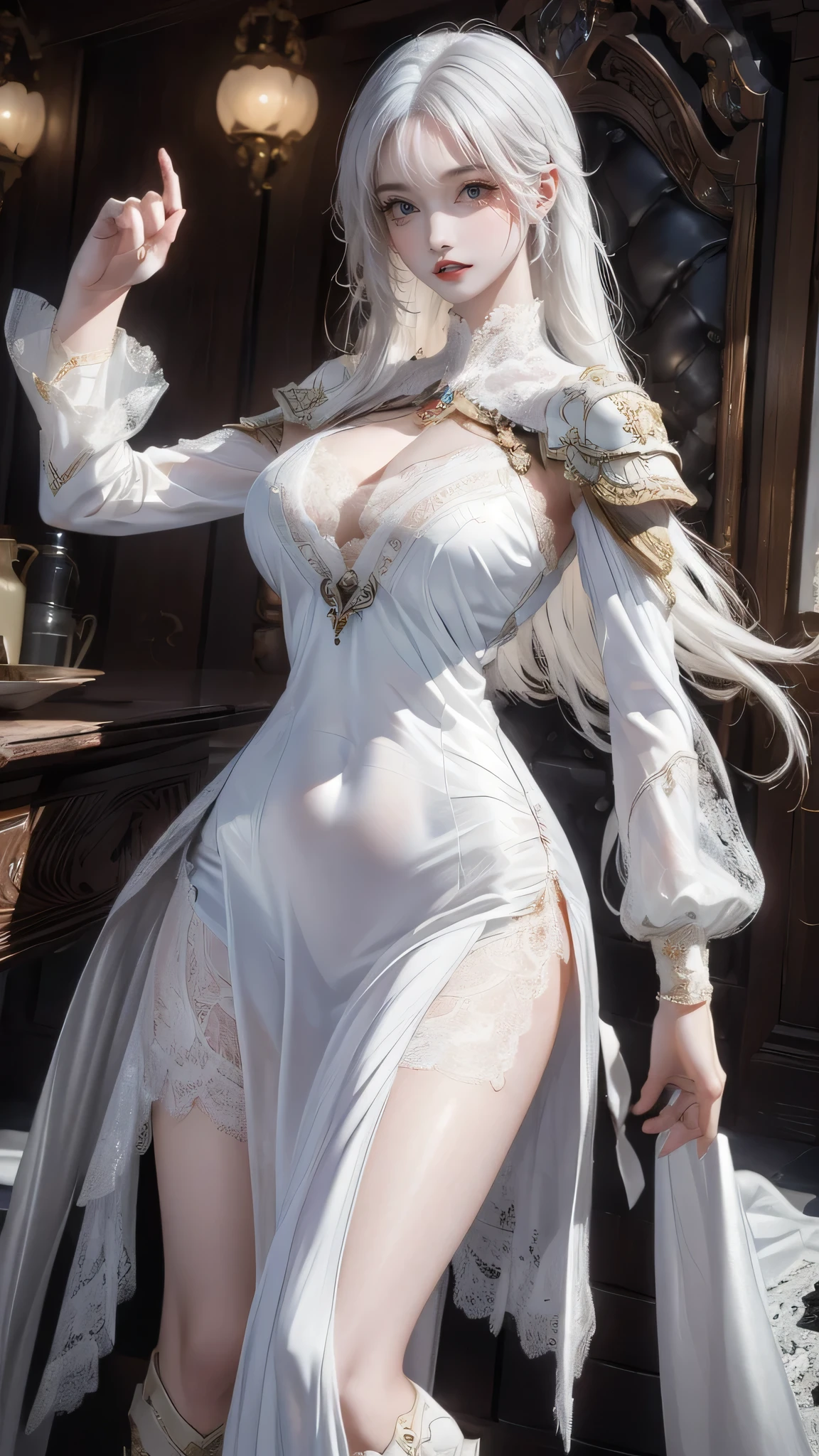 (random fighting pose:1.5),(Cinematic scene,Fantasy Art,Highest image quality,(8K),Ultra-realistic,Best Quality,High quality,High Definition,high quality texture,high detailing,Beautiful detailed,fine detailed,extremely details CG,Detailed texture,realistic representation of face,masterpiece,presence,Dynamic,Bold),1gir,Ultra detailed skin,Curve,Beautiful breasts,Large breasts,pale skin,pointed breast,Erect nipples,(Thin hair),(Soft hair),(Ultra straight hair),Swept long bangs,Extra bright coppery amber hair,Hair over one eye,(leather boots,(asymmetrical mecha armor),(long embroidered white lace dress,see through:1.2))