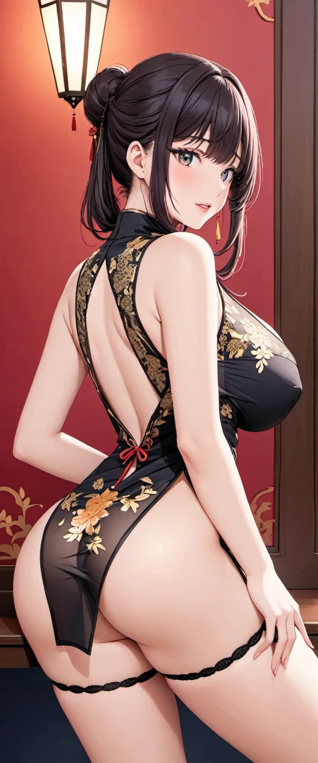 NSFW,High resolution, adult woman , good lighting, despicable, , (No nudity), (((China dress))), (()), ((())), (garter belt), abdomen only, (huge breasts:1.2), , cute face, I'Iは恥ずかしくて赤面します, humiliating, ((look back)), ((See-through))()(T-back)(A large amount of material is attached to the body,)