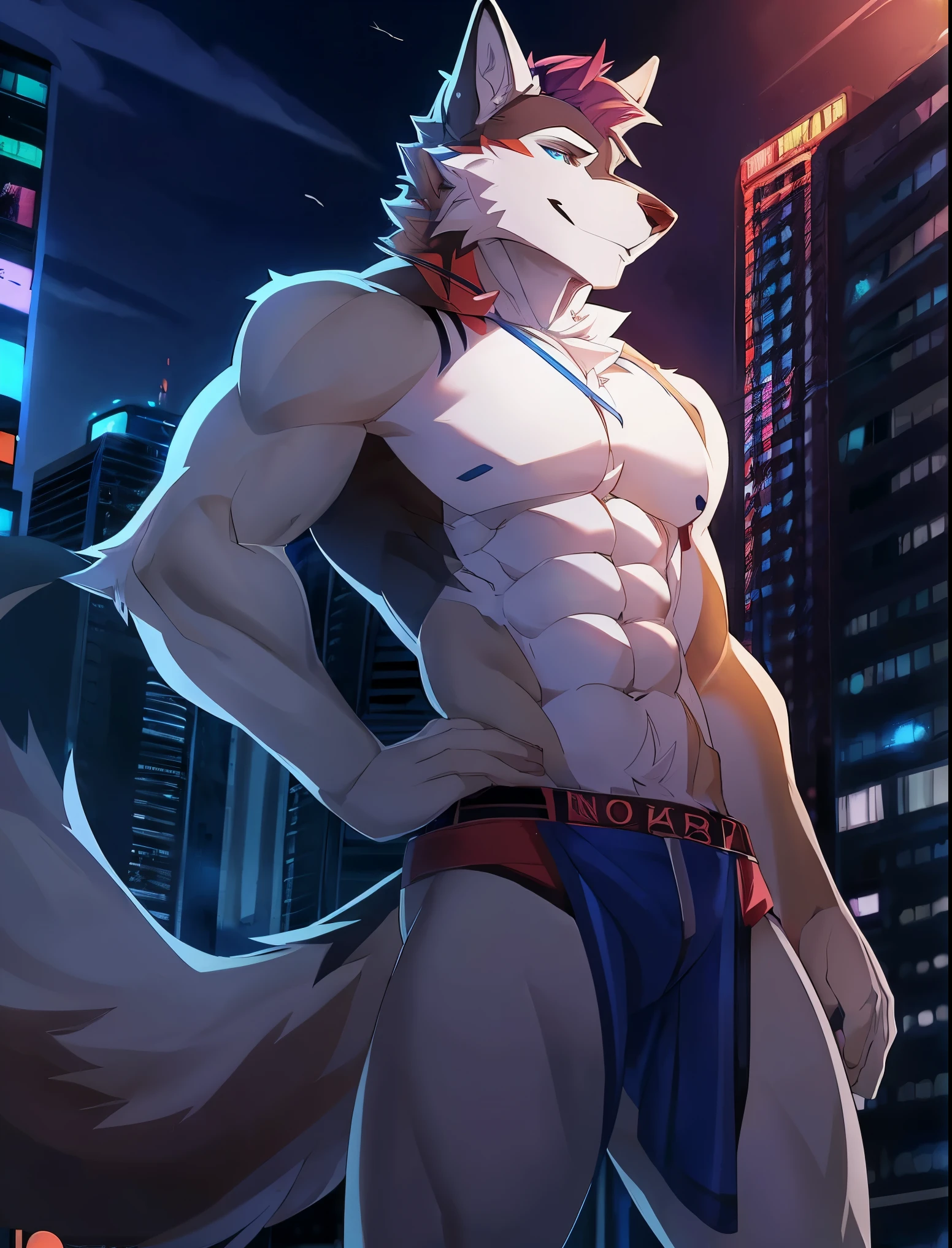 ((Solo)), male people, anthro wolf, (Multi-colored fur, White tail pointed), (Height 3meters,Tail length 2meters), Abs, pinginuscular, A long big tail, by patto, modern city