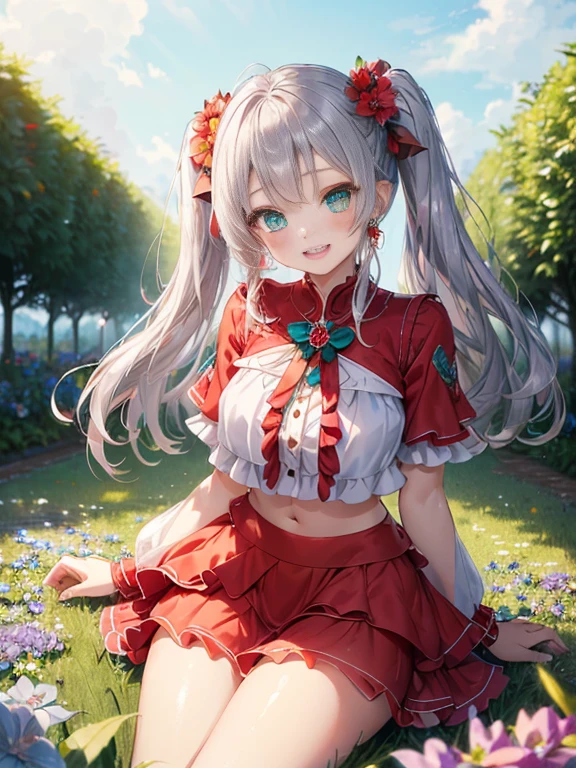 小さなgirl、The arrival of spring、big ass、 (alone:1.5,)Super detailed,bright colors, very beautiful detailed anime face and eyes, look straight, ;d, shiny_skin,girl, ((long silver hair,The inner color is red 、forehead is exposed.、green eyes、、shiny hair, delicate beautiful face, blush、(turquoise eyes), White skin, Valletta, earrings,、blue flower field、(((Layered Styles、、red mini skirt)))、twin tails、smile、smile、Face dyed red