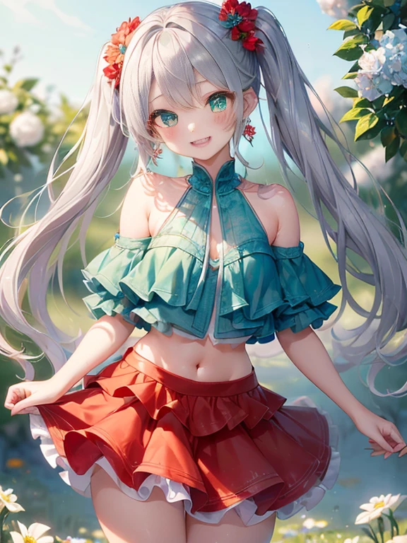 小さなgirl、The arrival of spring、big ass、 (alone:1.5,)Super detailed,bright colors, very beautiful detailed anime face and eyes, look straight, ;d, shiny_skin,girl, ((long silver hair,The inner color is red 、forehead is exposed.、green eyes、、shiny hair, delicate beautiful face, blush、(turquoise eyes), White skin, Valletta, earrings,、blue flower field、(((Layered Styles、、red mini skirt)))、twin tails、smile、smile、Face dyed red