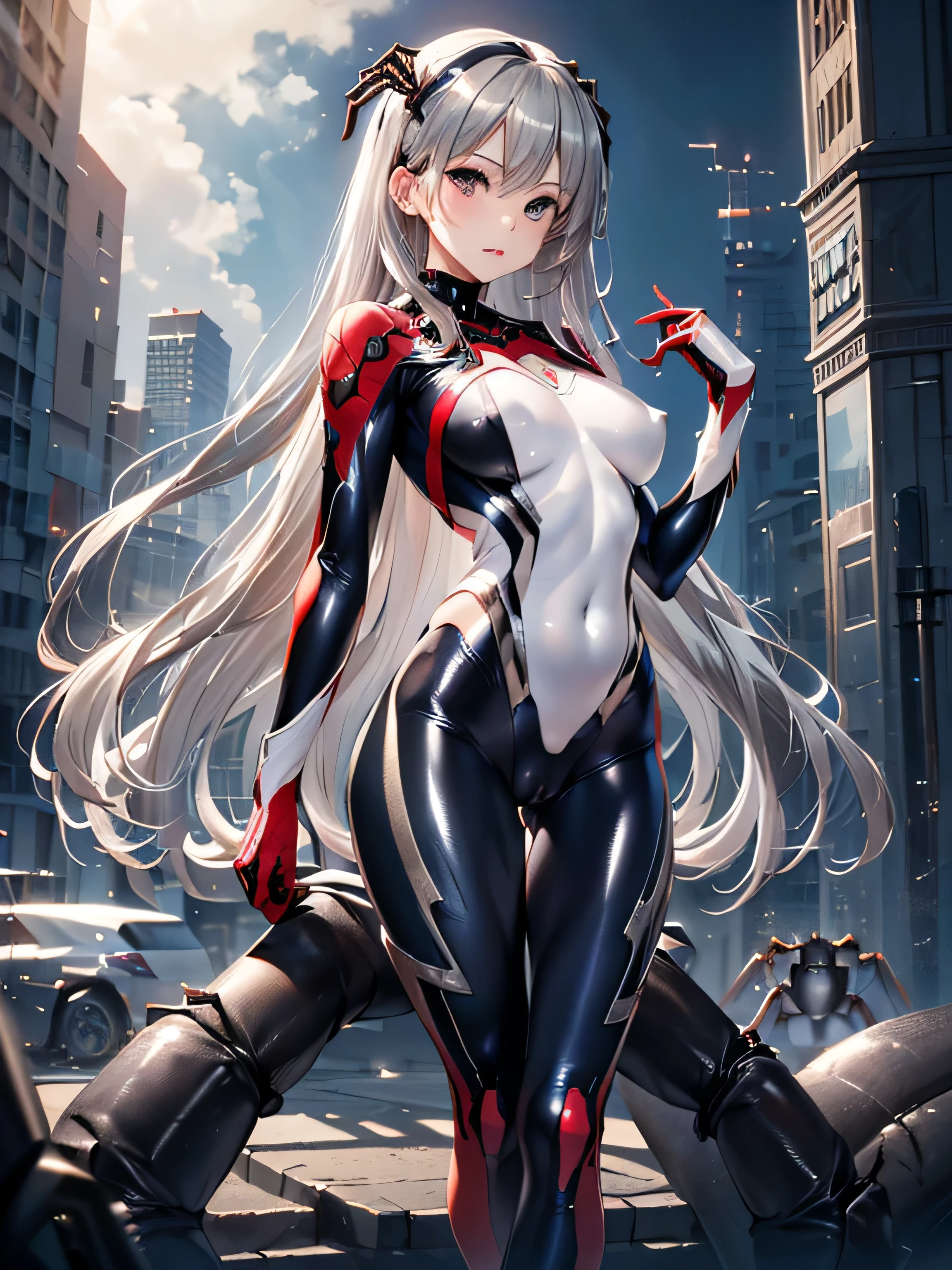 (photorealistic:1.8, highest quality:1.8,8K masterpiece:1.8,High resolution,muste piece:1.8,RAW Photos,cinematic lighting)、skyscraper、highway、night、 cyber punk、spider girl、Rei Ayanami、(High leg spider tight suit:1.7)、((Moderate chest:1.3)、Arachne tattoo on chest、Arachne:1.2) (look back、squat、raise your hand:1.2)、spiderweb、The white body contains Arachne threads.、(elation:1.4)、(Beautiful, shining blue, white, red, black and silver hair:1.5)、 plump nipples、Nipples are visible through the costume、(cameltoe),No split screen,slender abs:1.2