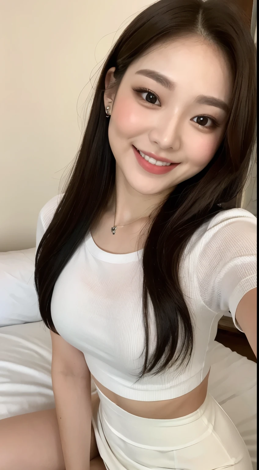 white tight shirt、white tight mini skirt、bed、smile、short sleeve、high resolution、Korean idol face、double eyelid
