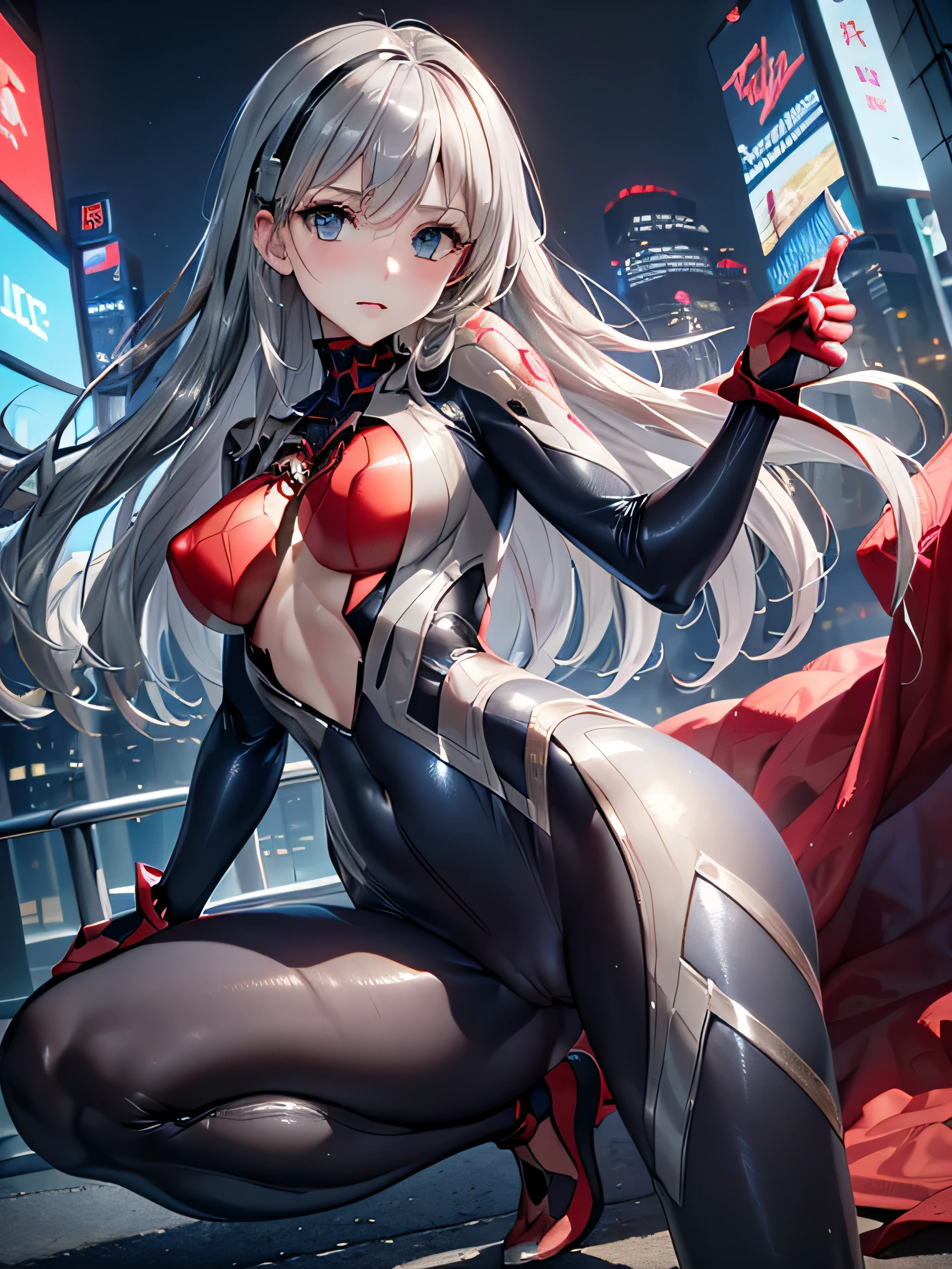 (photorealistic:1.8, highest quality:1.8,8K masterpiece:1.8,High resolution,muste piece:1.8,RAW Photos,cinematic lighting)、skyscraper、highway、night、 cyber punk、spider girl、Rei Ayanami、(High leg spider tight suit:1.7)、((Moderate chest:1.3)、Arachne tattoo on chest、Arachne:1.2) (look back、squat、raise your hand:1.2)、spiderweb、The white body contains Arachne threads.、（elation：1.4）、(Beautiful, shining blue, white, red, black and silver hair:1.5)、 plump nipples、Nipples are visible through the costume、(cameltoe),No split screen,slender abs:1.2