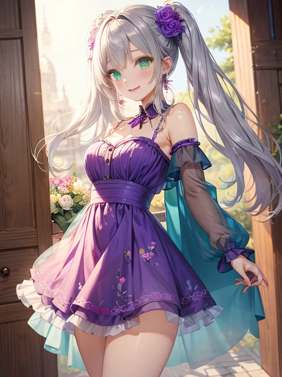 小さなgirl、thick thighs、The arrival of spring、big ass、 (With two people:1.5,)Super detailed,bright colors, very beautiful detailed anime face and eyes, look straight, shiny_skin,girl, ((long silver hair,The inner color is red 、forehead is exposed.、green eyes、、shiny hair, delicate beautiful face, blush、(turquoise eyes), White skin, Valletta, earrings,、blue flower field、(((Floral pink ruffle dress、See-through、purple mini skirt)))、twin tails、smile、smile、Face dyed red