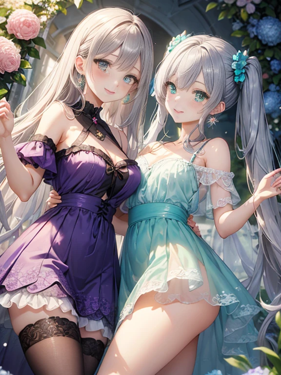 小さなgirl、thick thighs、The arrival of spring、big ass、 (With two people:1.5,)Super detailed,bright colors, very beautiful detailed anime face and eyes, look straight, shiny_skin,girl, ((long silver hair,The inner color is red 、forehead is exposed.、green eyes、、shiny hair, delicate beautiful face, blush、(turquoise eyes), White skin, Valletta, earrings,、blue flower field、(((Floral pink ruffle dress、See-through、purple mini skirt)))、twin tails、smile、smile、Face dyed red