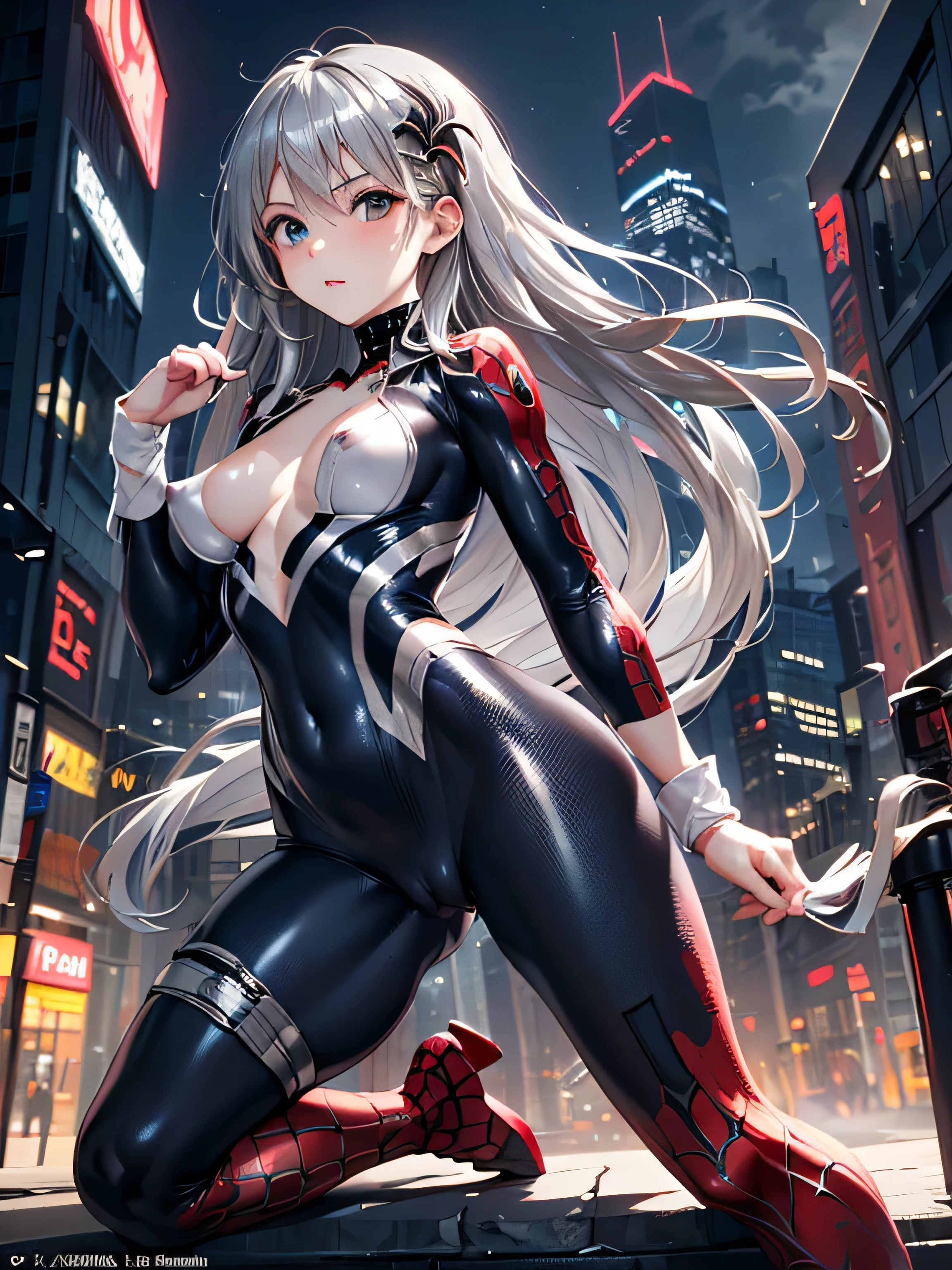 (photorealistic:1.8, highest quality:1.8,8K masterpiece:1.8,High resolution,muste piece:1.8,RAW Photos,cinematic lighting)、skyscraper、highway、night、 cyber punk、spider girl、Misaka Mikoto、(High leg spider tight suit:1.7)、((Moderate chest:1.3)、Arachne tattoo on chest、Arachne:1.2) (look back、squat、raise your hand:1.2)、spiderweb、The white body contains Arachne threads.、(elation:1.4)、(Beautiful, shining blue, white, red, black and silver hair:1.5)、 plump nipples、Nipples are visible through the costume、(cameltoe),No split screen,slender abs:1.2