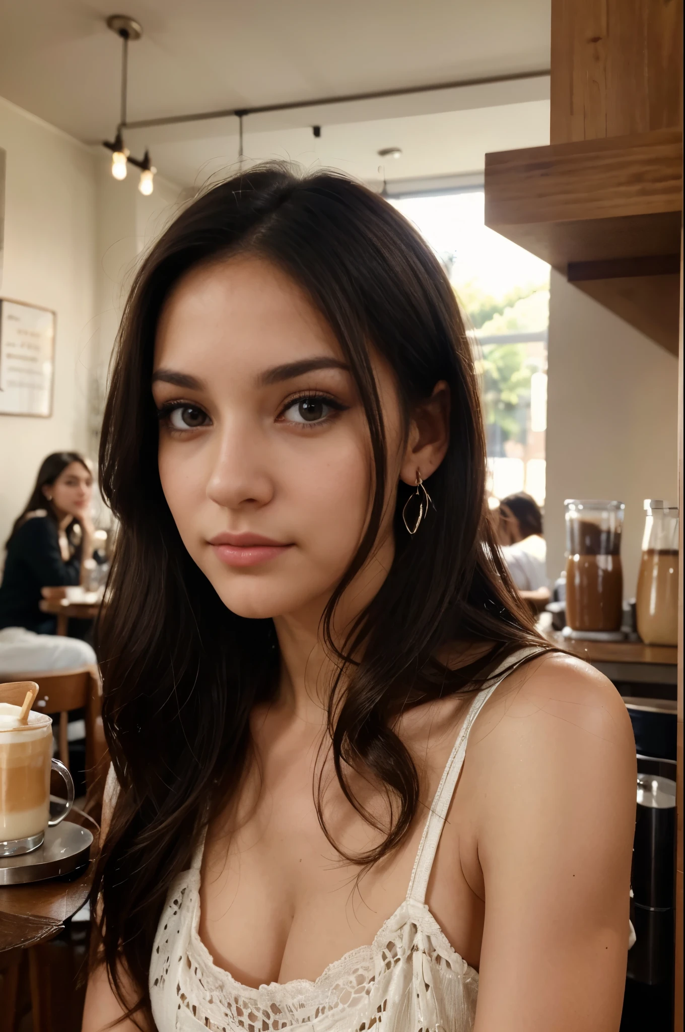 Photo of a 30 year old cute brunette., she has a very natural face,  thin lips, Thin eyes, Thin eyebrows, thin nose, earrings, long eyelashes. She takes a cute selfie in a coffee shop, Bright, diffused light, smooth perfect skin reflects light, High detail