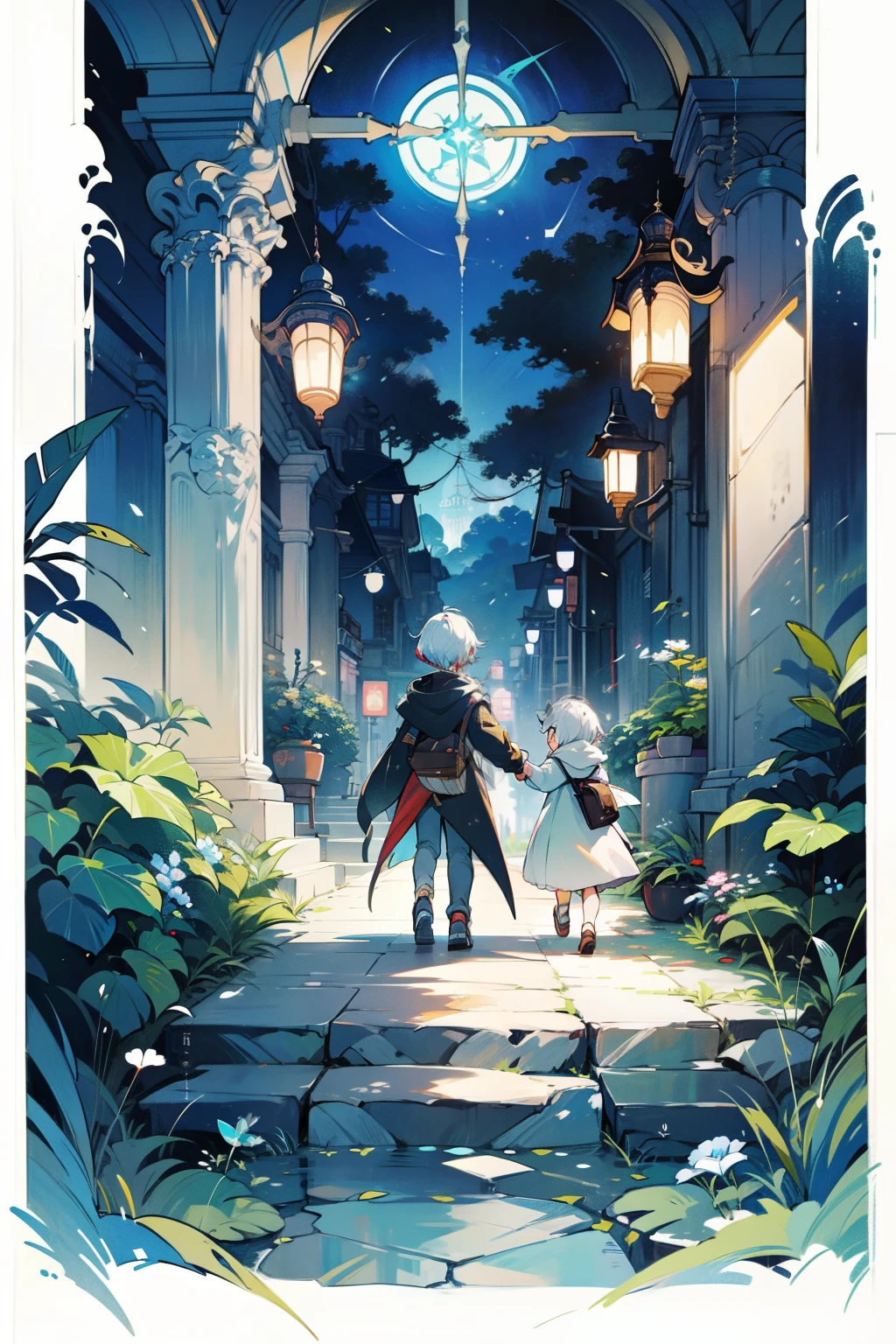 Children walking on the road,brother,back view, Trending on Art Station Pixiv, Lalafell, High-definition official artwork, Google on pixiv artstation, key art, official anime artwork, anime fantasy illustration, From Arknights, Written by Jin Nong, Genshin, zerochan art, Gwaites style artwork
