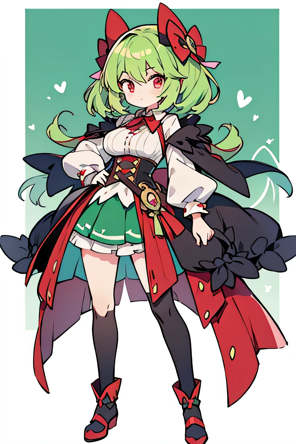 human mascanya pokemon; big breasts;full body;Costumes inspired by Mascania Pokemon;female;Light green clothes;light green hair;red eyes;Phantom thief;No background;background white
