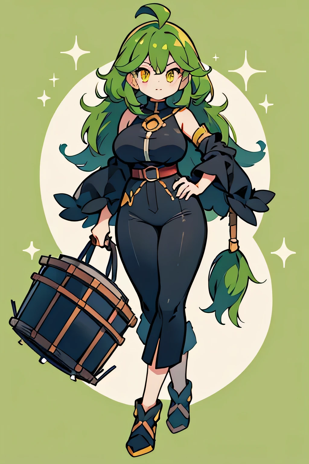 human gorillander pokemon; big breasts;full body;Gorylander Pokemon-inspired costume;female;black clothes;green hair;yellow eyes;drum;No background;background white;thick thighs