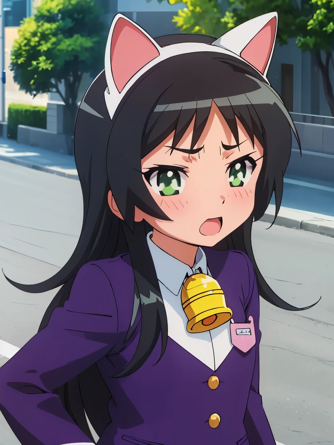 haduki kurumi,  animal ears, Bell UNF, name tag, (anger:0.6), open your mouth, (blush:1.2), Upper body, pointing