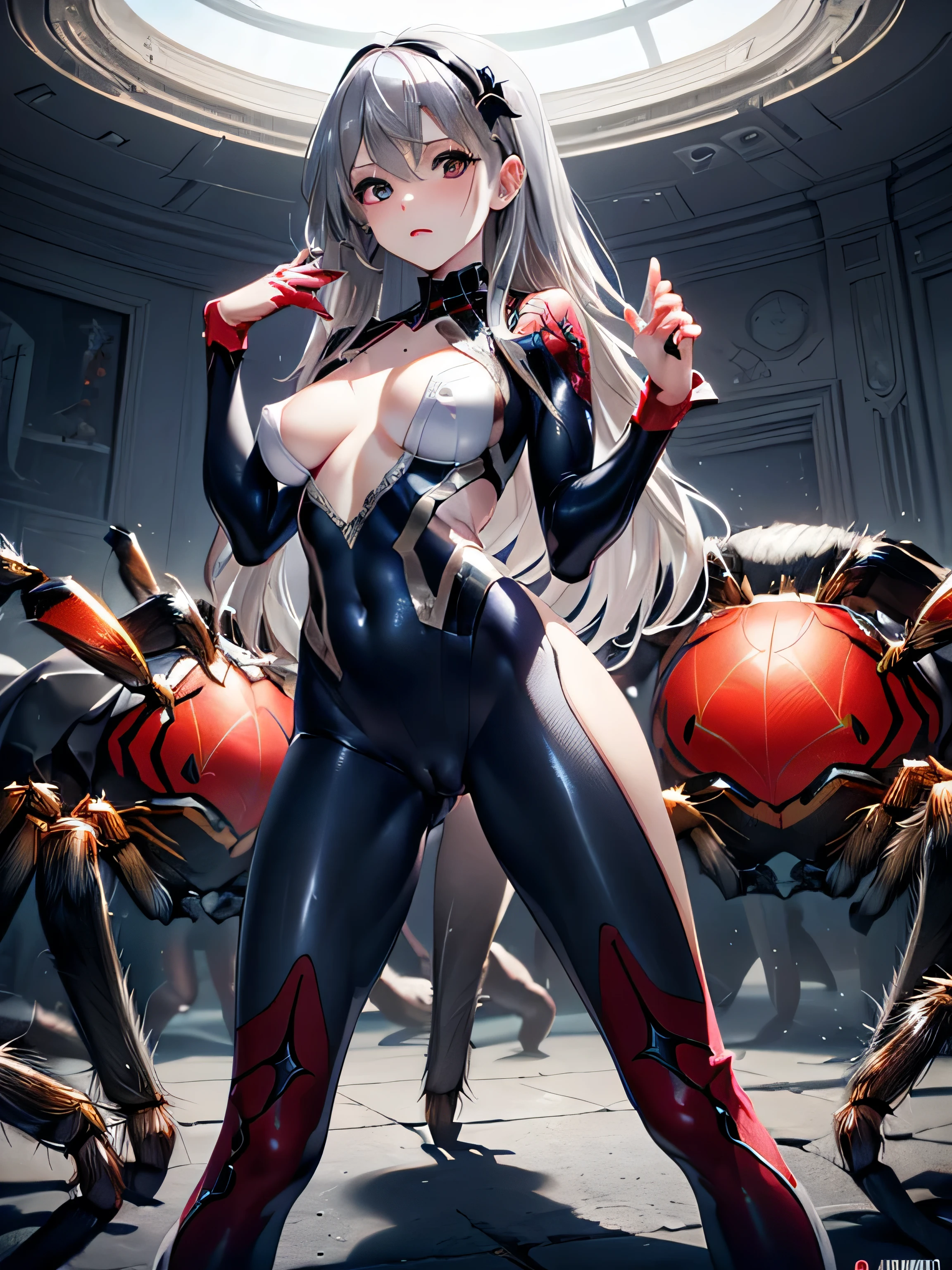 (photorealistic:1.8, highest quality:1.8,8K masterpiece:1.8,High resolution,muste piece:1.8,RAW Photos,cinematic lighting)、skyscraper、highway、night、 cyber punk、spider girl、Misaka Mikoto、(High leg spider tight suit:1.7)、((Moderate chest:1.3)、Arachne tattoo on chest、Arachne:1.2) (look back、squat、raise your hand:1.2)、spiderweb、The white body contains Arachne threads.、(elation:1.4)、(Beautiful, shining blue, white, red, black and silver hair:1.5)、 plump nipples、Nipples are visible through the costume、(cameltoe),No split screen,slender abs:1.2