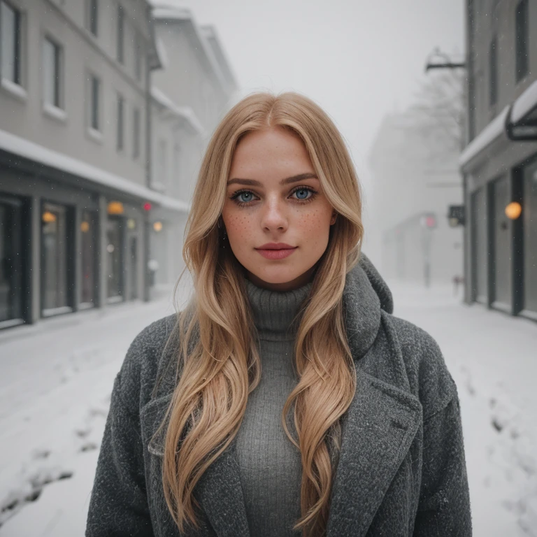 professional portrait photograph of a gorgeous Norwegian girl in winter clothing with long wavy blonde hair, sultry flirty look, (freckles), gorgeous symmetrical face, cute natural makeup, wearing elegant warm winter fashion clothing, ((standing outside in snowy city street)), stunning modern urban environment, ultra realistic, concept art, elegant, highly detailed, intricate, sharp focus, depth of field, f/1. 8, 85mm, medium shot, mid shot, (((professionally color graded))), bright soft diffused light, (volumetric fog), trending on instagram, hdr 4k, 8k
