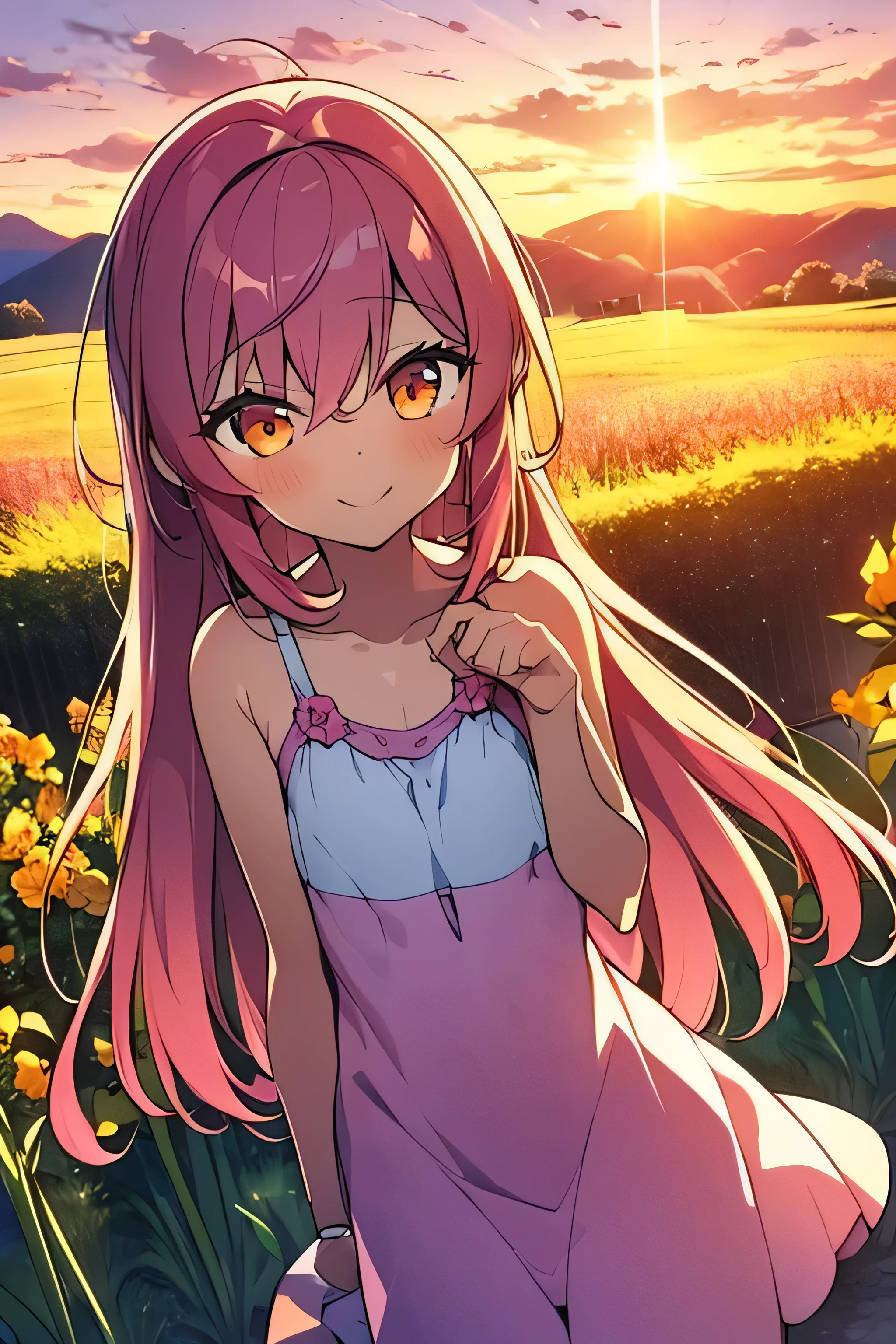 girl, human teenager, female, best quality, masterpiece, pink hair, long hair, orange eyes, light skin, smiling, windmill background, fields, sunrise, flat chest.