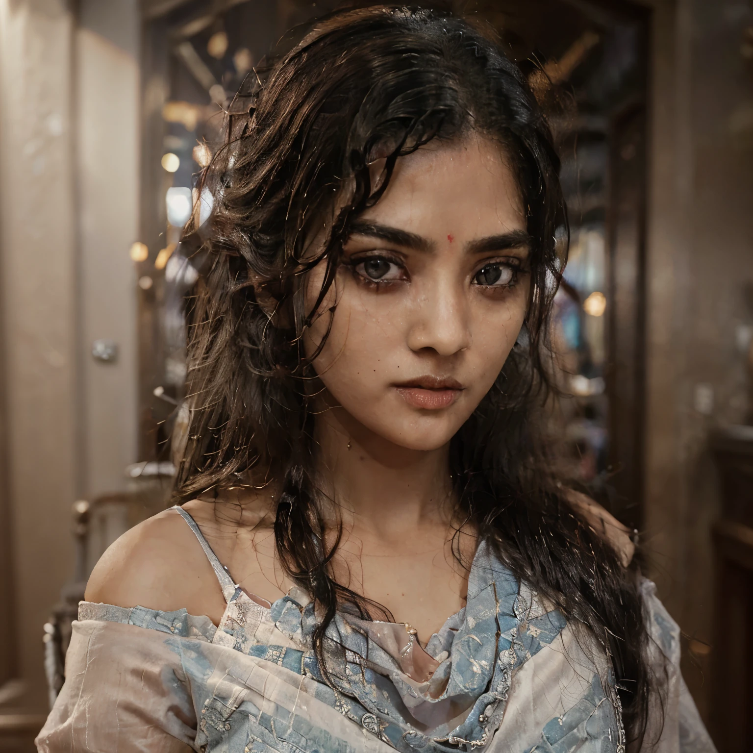 A woman wearing a beautiful sarees,Silver hair, curly hair, bangs, hair over shoulder, very long hair, wet hair, hairpin, jewelry, forehead mark, forehead jewel, red eyes, wide-eyed, devil pupils, pout, angry, Surrealism, Sony FE GM, blurry, 8k, super detail, masterpiece, ccurate, anatomically correct, textured skin, super detail, high details, high quality, award winning, best quality, highres, 8k, HD, retina, UHD