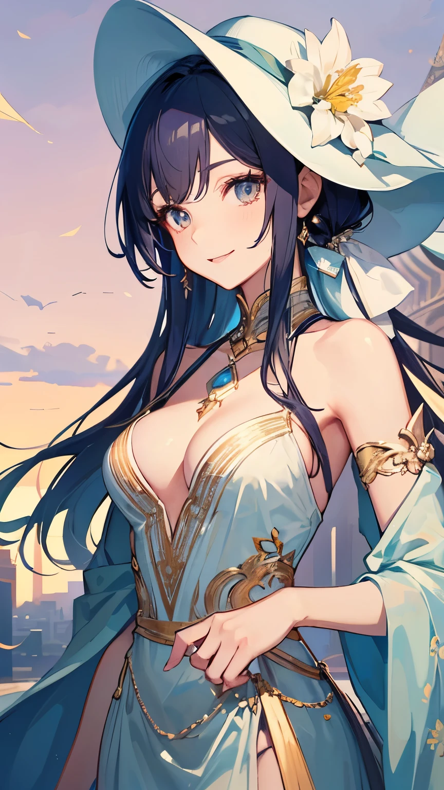 ((highest quality)), ((masterpiece)), (be familiar with), perfect face, gorgeous dress, wide open chest, blue hair, rich hair, detailed fingertips, looking here, Upper body, shiny hair, Beautiful smile, white skin, High resolution, glittering costumes, standing position、mature adult woman