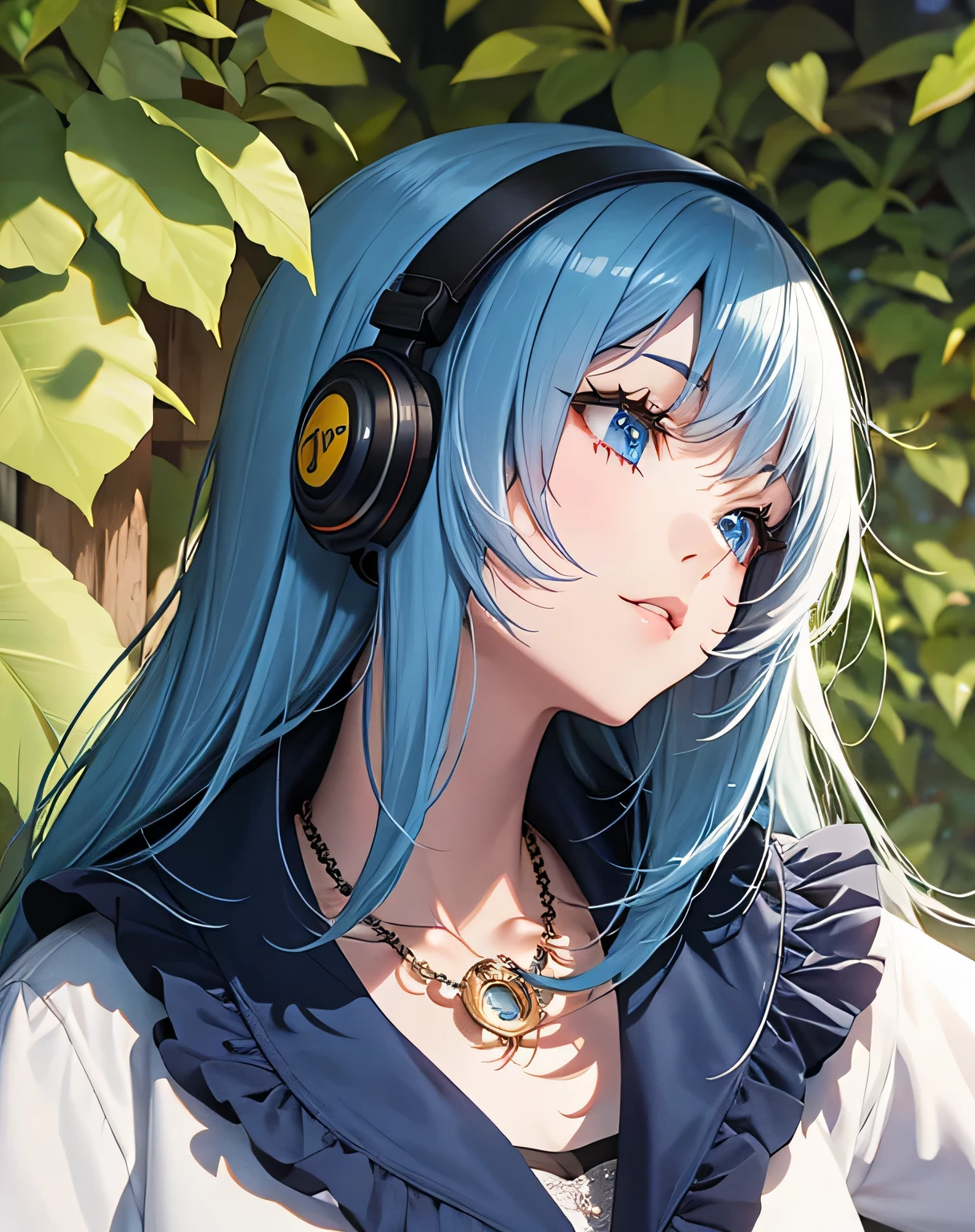 Asian girl with blue hair and puffy lips, light blue eyes, necklace, headphones, light skin, looking up, big eyes, birthmark under eye, high quality