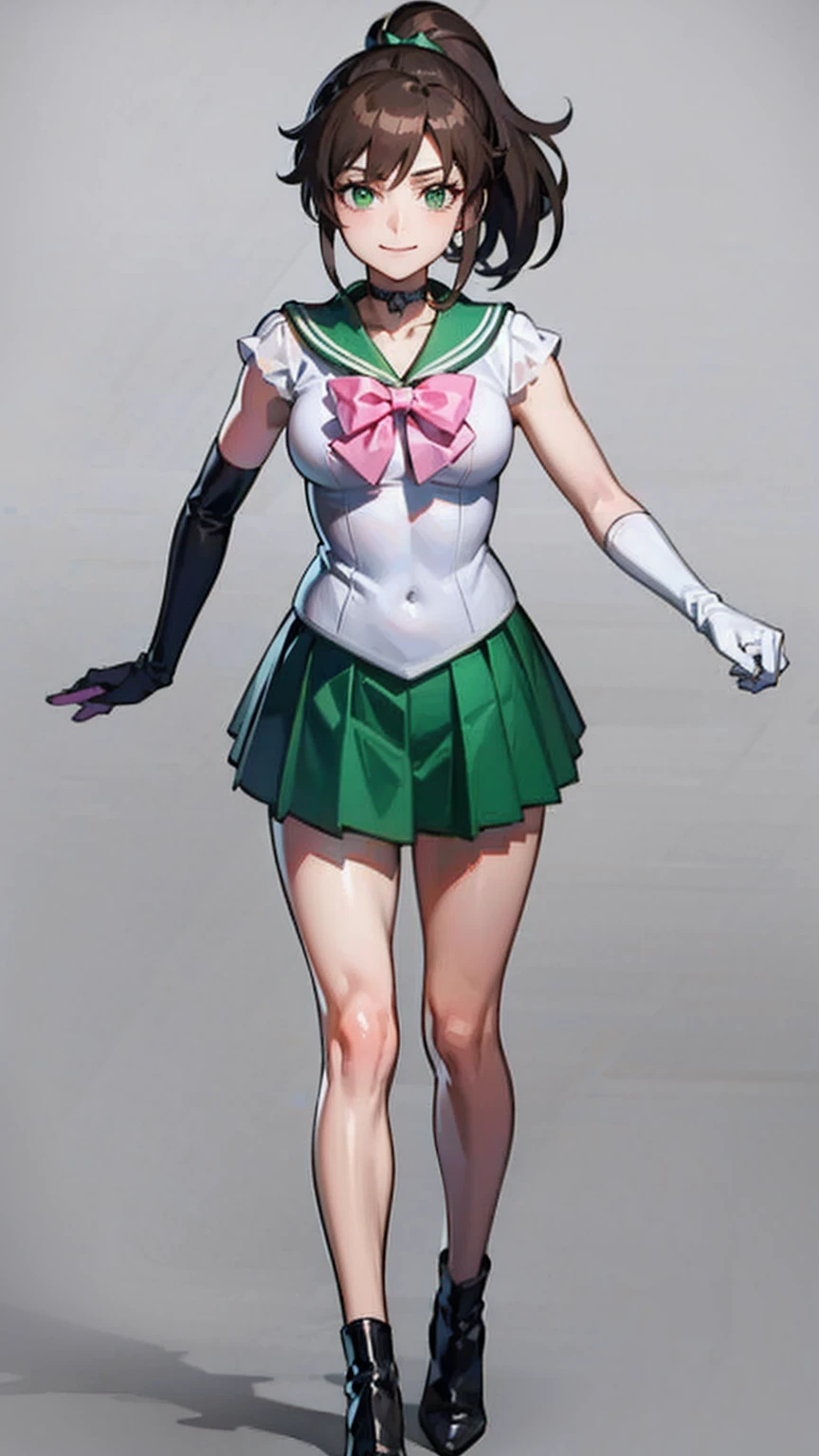 best quality, masterpiece, sailor_jupiter, brown ponytail, green eyes, bow, elbow gloves, choker, circlet, green skirt, looking at viewer, smiling, medium shot, (microminiskirt)
standing, extreme detail, hdr, beautiful quality, (simple_background:1.4) BREAK
bow, pink, BREAK
gloves, white BREAK