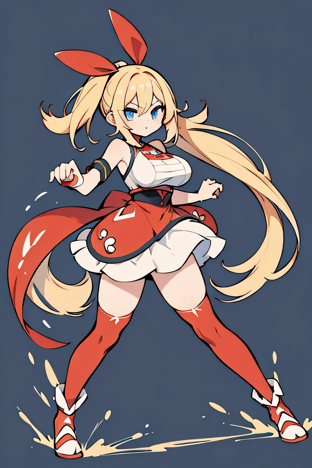 Human Bashamo Pokemon; big breasts;full body;Costumes inspired by Bashamo Pokemon;fighting;Red clothes;blue eyes;blonde;gal;Thighhighs;background white;No background
