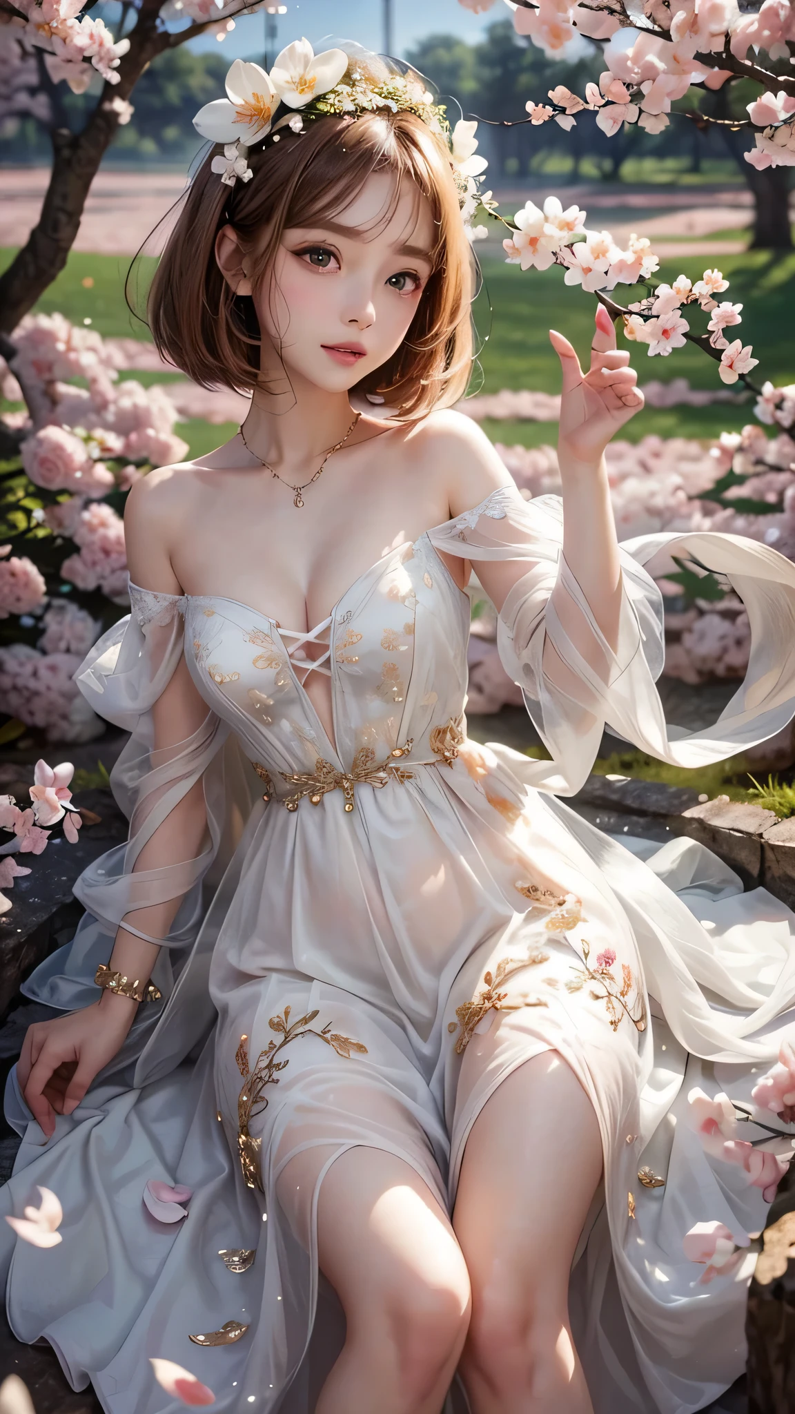 Beautiful white and shining skin、Chestnut hair that changes depending on the light、Long bangs between the eyes that obstruct the view、Cheek gloss highlights、Sexy and very beautiful nice gorgeous face、the most beautiful face in the world、small face beauty、golden ratio、full body shot、short hair、plump breasts、cleavage、slender、open your mouth a little、solo、natural soft light、Spring-like fashion、long dress、Cherry blossom trees、Dancing cherry blossom petals、