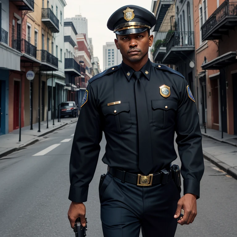 40 year old man black and dark blue police chief suit gold badge dark blue pants black belt holding a gun no hat black hair black eyes slim muscular build new orleans street background looking straight at viewer 