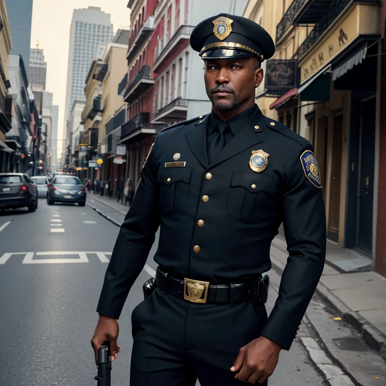 40 year old man black and dark blue police chief suit gold badge dark blue pants black belt holding a gun no hat black hair black eyes slim muscular build new orleans street background looking straight at viewer