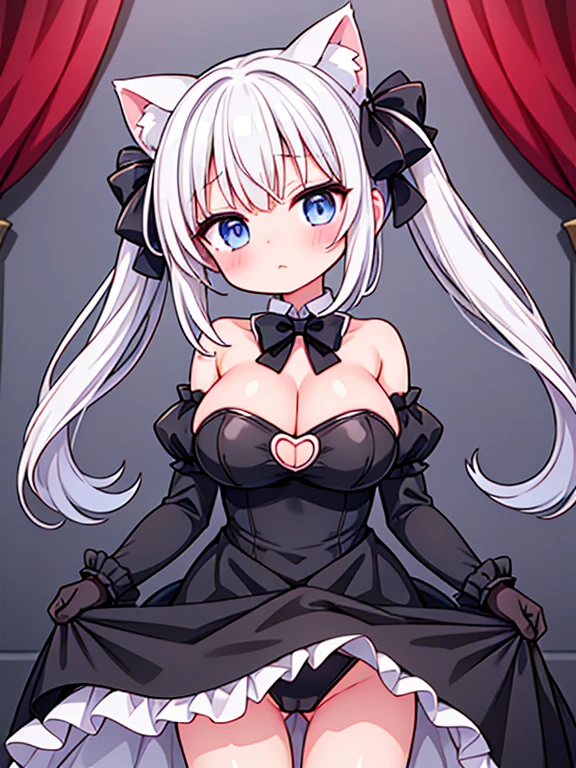 masterpiece, {{{{highest quality}}}}, beautiful,1 girl, white_hair, Cat ear(white), cat tail(white), ruffle chalk、(masterpiece, highest quality), 1 girl, , cute face, blush, 1 girl,, crotch cutout, crotchless, , pussy,alone ,, big breasts, blush, black leotard, latex、luster、かなりのluster、black long gloves, bow tie, strapless, cleavage,huge breasts