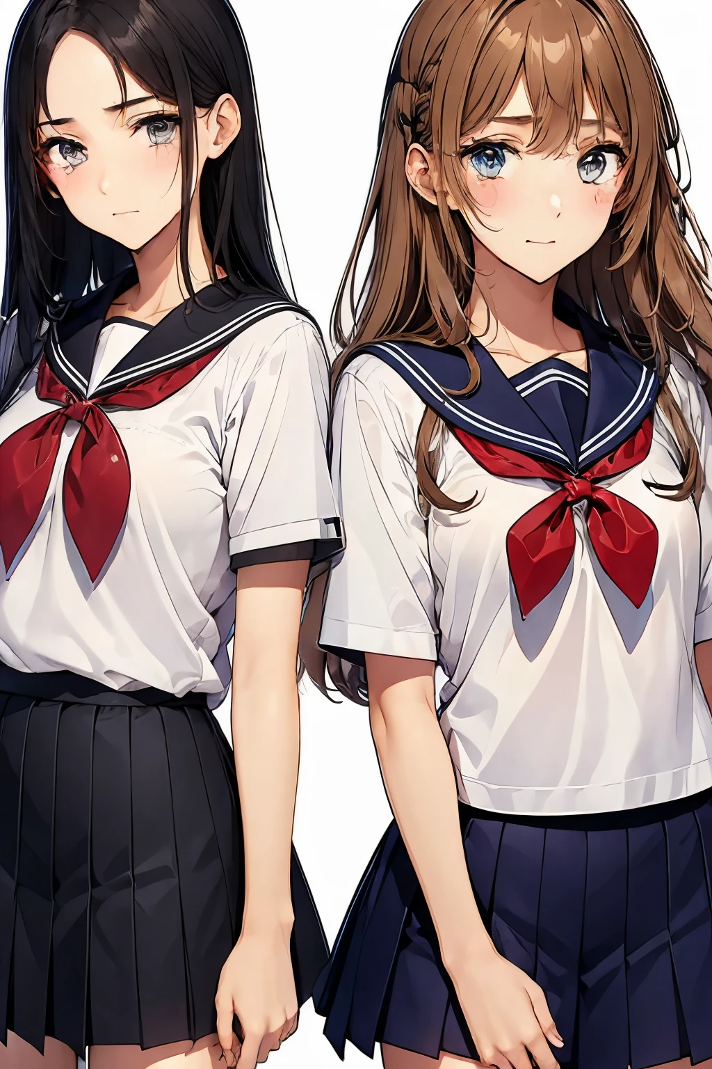 Two high school girls hugging each other while crying、sad expression、tears、school classroom、