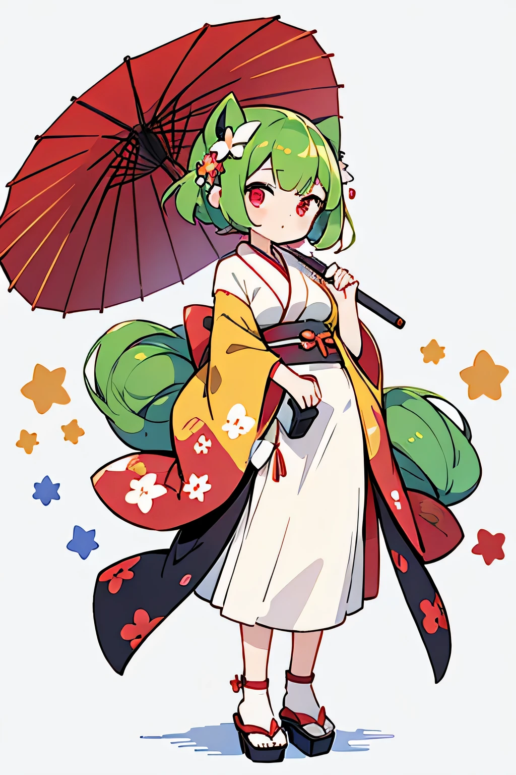 Human Fushigibana Pokemon; big breasts;full body;Costumes inspired by the Bulbasaur Pokemon;kimono;red umbrella;female;red eyes;green hair;No background;background white